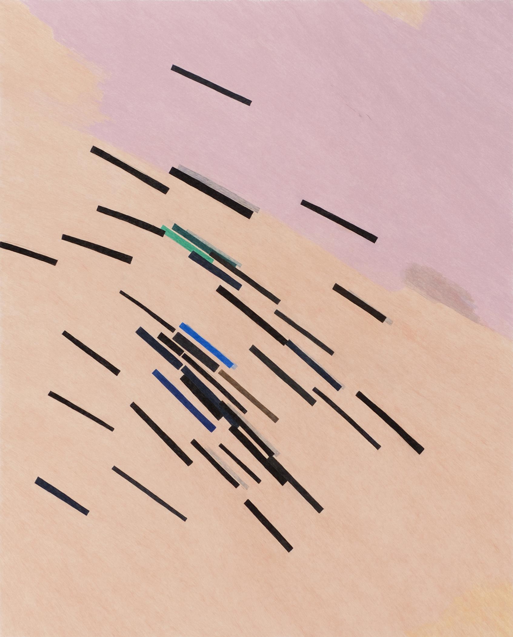 A drawing shows several short lines in the colors black, blue, green, and brown on a pale orange and pale pink background.