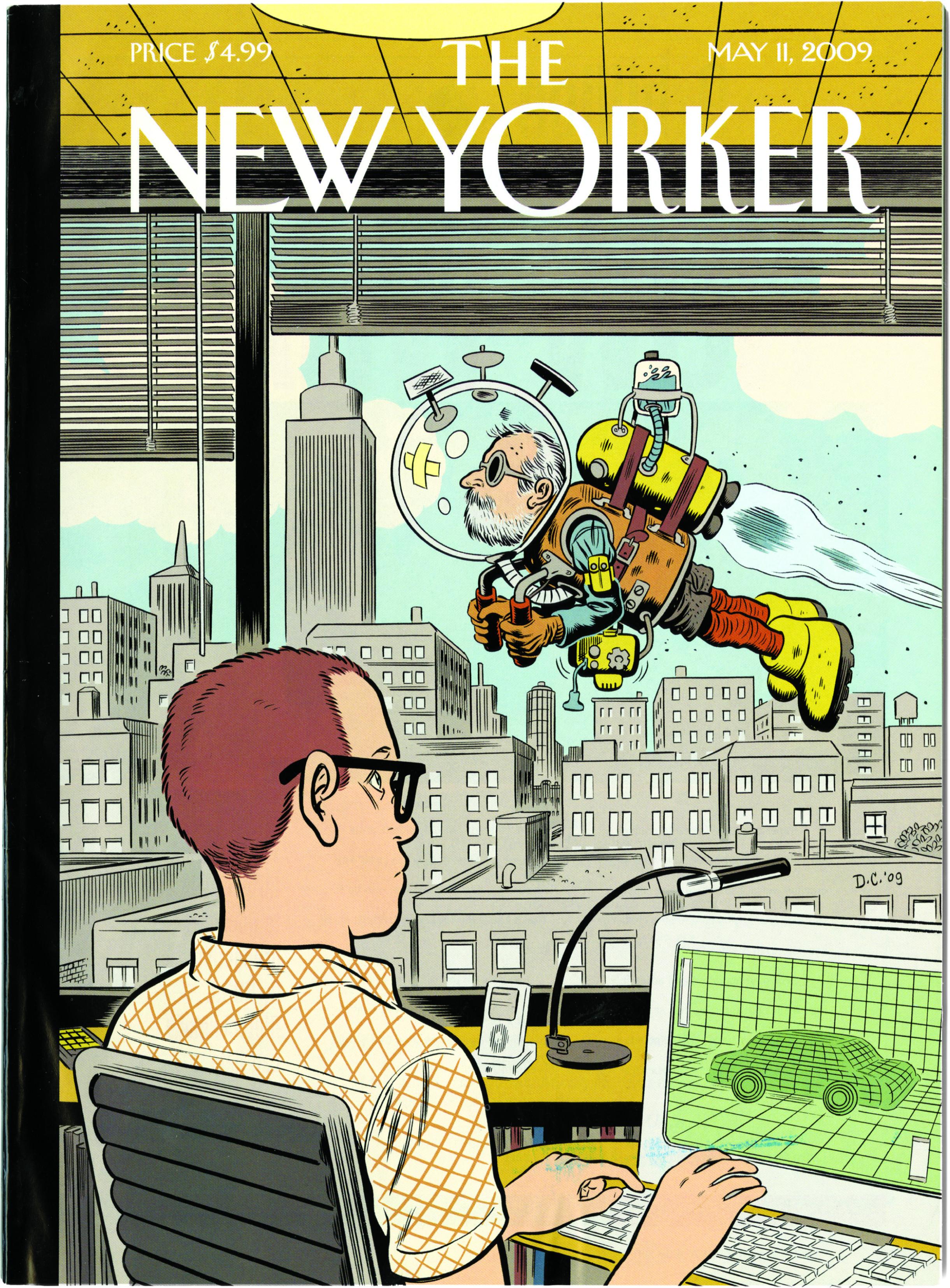 A cover of "The New Yorker" features an illustration of an office worker watching a person in a homemade space suit fly in front of the office window.