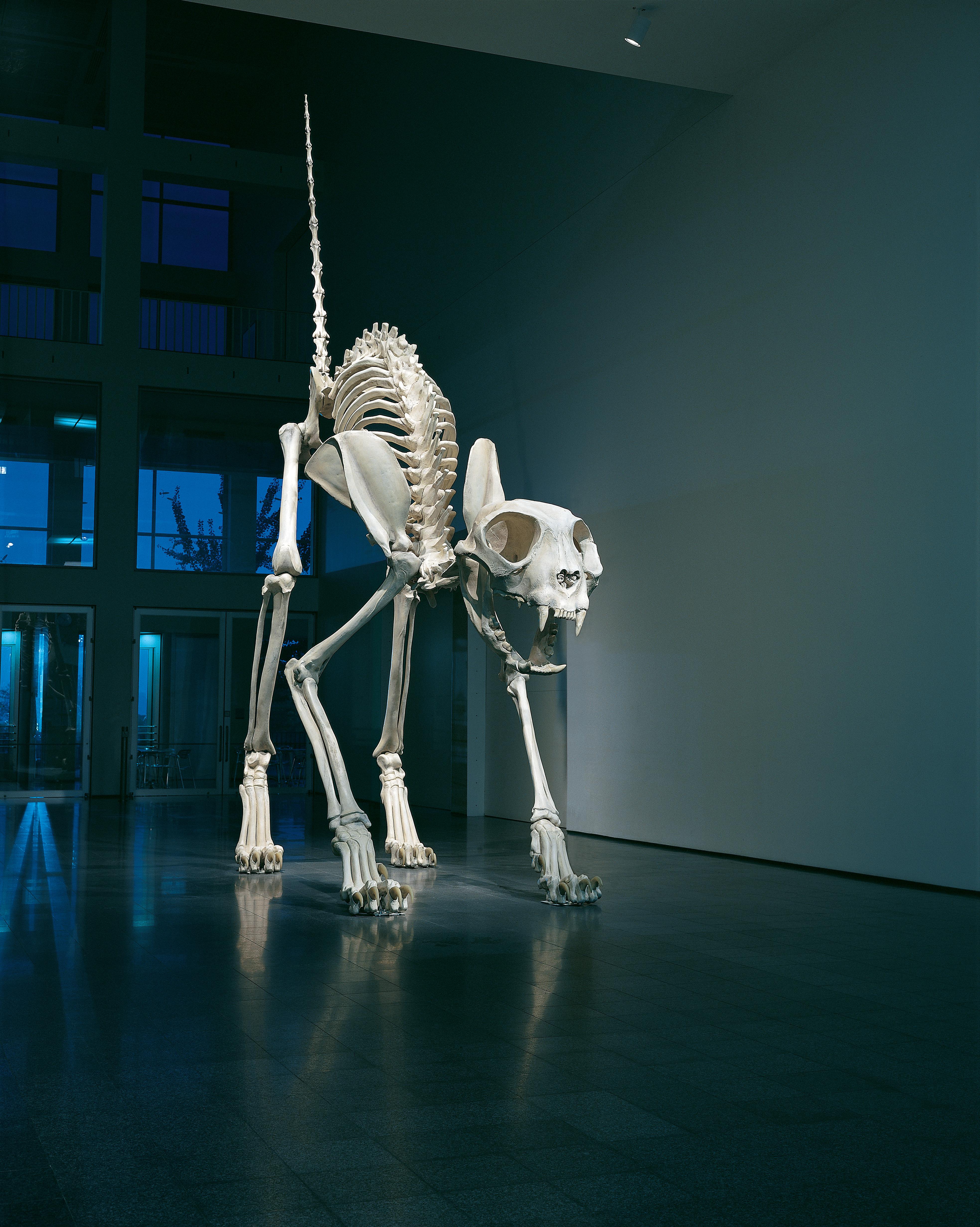 A gigantic cat skeleton stands in the center of a large atrium with its back arched and its tail pointed straight up in the air.