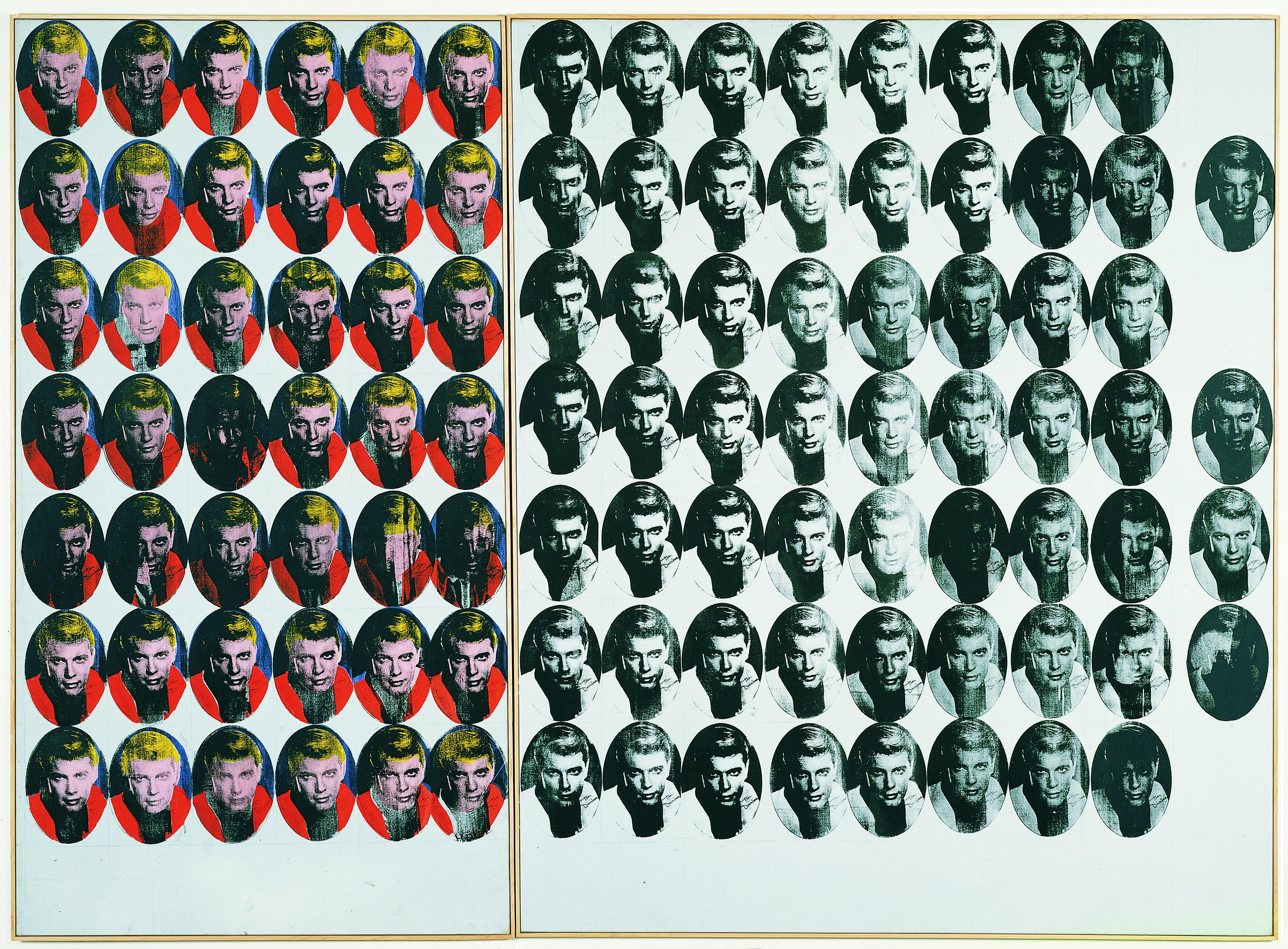 A oval-shaped portrait of a man is repeated in seven rows. The legibility and quality of the portrait varies, and on the left of the painting it appears in bright pink, red, yellow, and blue; on the right in black and white.
