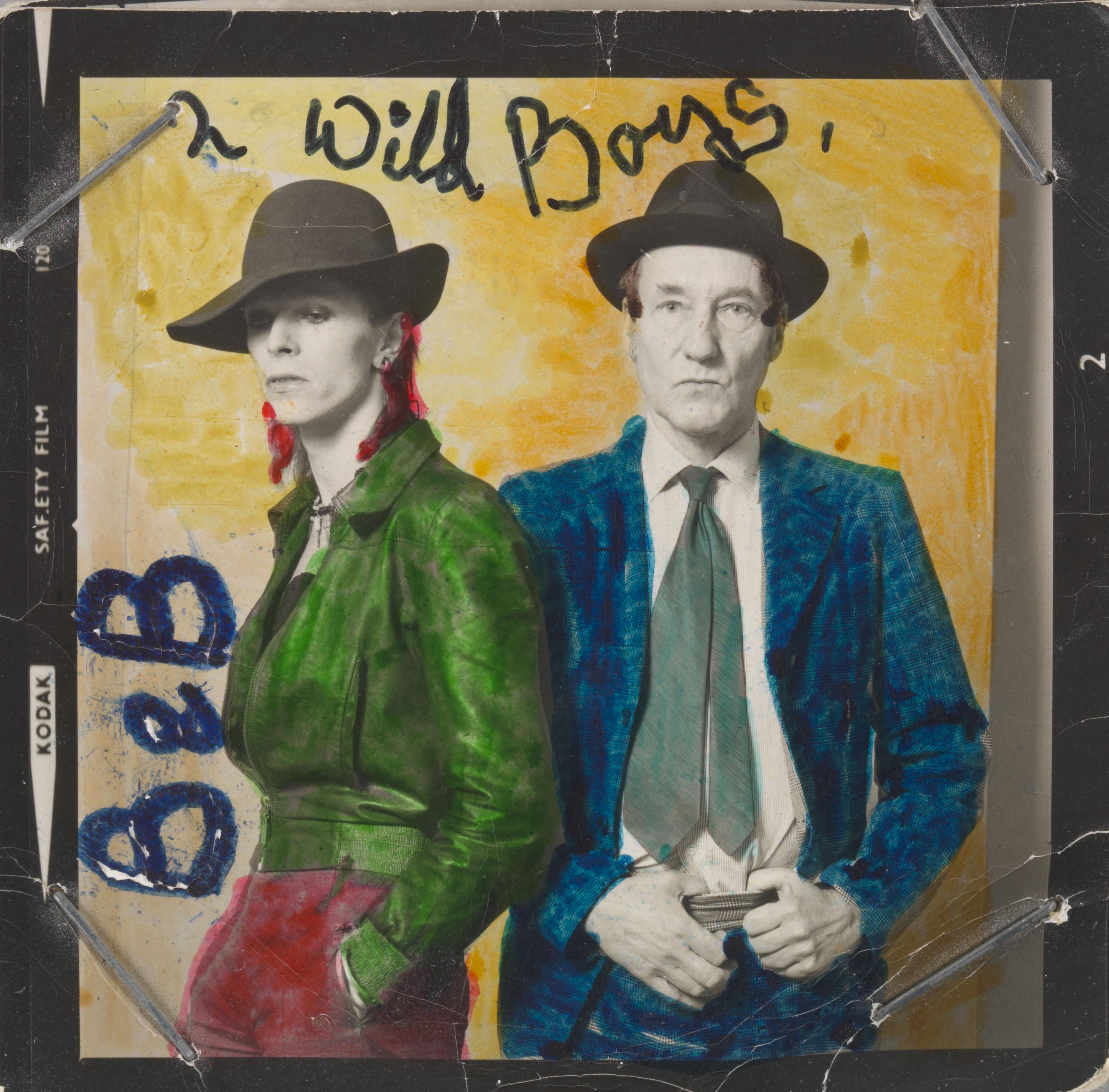 Black and white portrait of David Bowie and William Burroughs with the background and their clothes drawn in bright colors."B & B" is handwritten to the left of Bowie, and "2 Wild Boys," written above their heads.