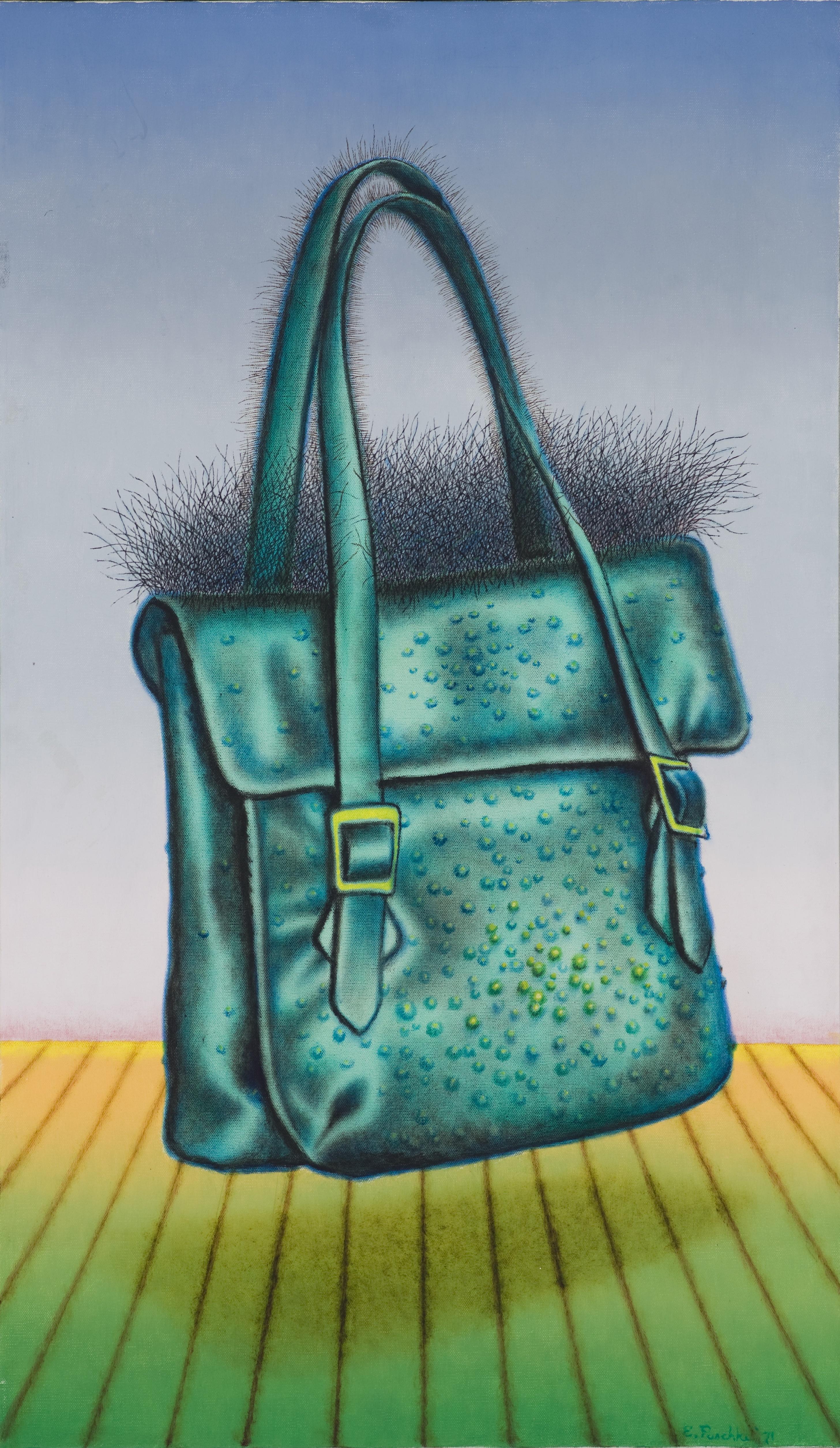 A vivid painting depicts a bumpy and hairy purse that levitates above a slatted floor in front of a faded blue background.