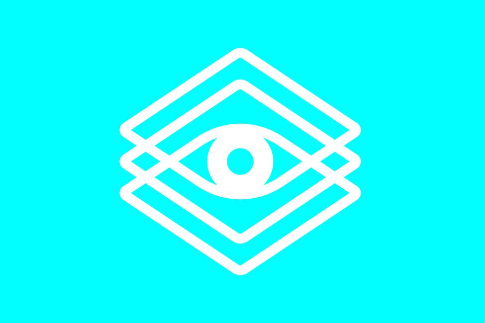 On top of a bright turquoise background, three white diamond shapes are staggered vertically like a Venn Diagram, forming eye at the center.