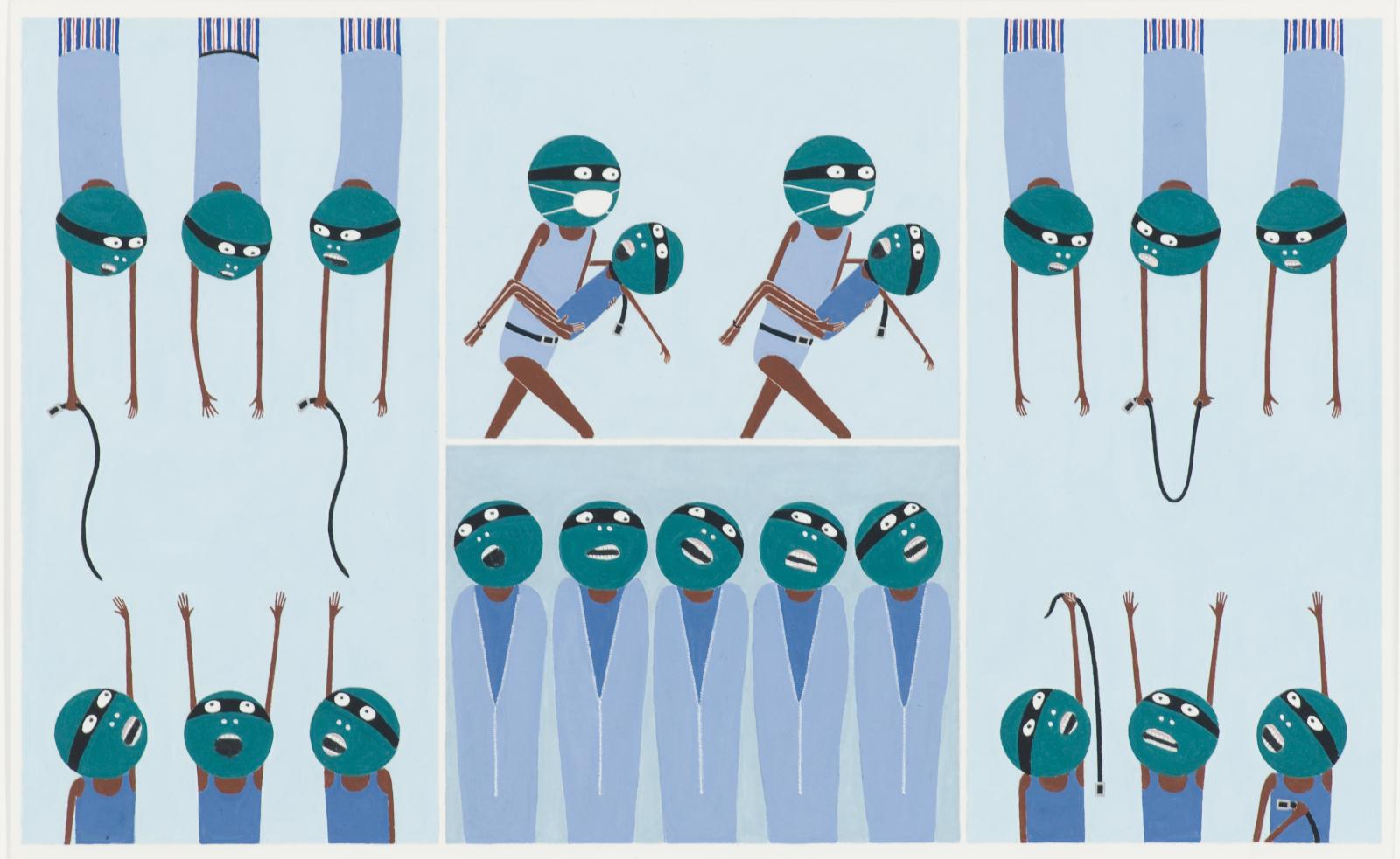 A set of four scenes features 21 green-headed, masked figures with skinny brown limbs. They engage in sinister acts with belts.