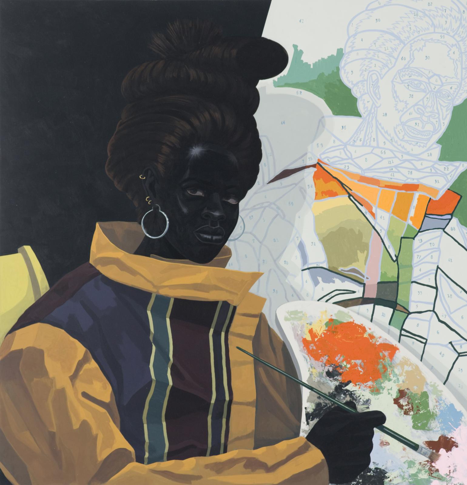 In this painting, a woman painter holds a paint palette in front of a paint-by-numbers portrait. Her skin is as black as the as the solid black background; she stares confidently into our eyes.