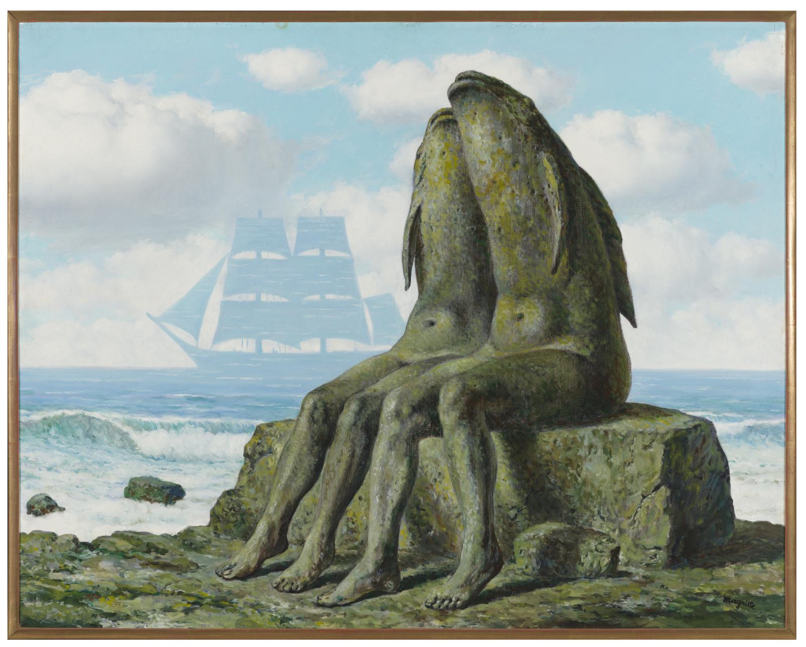 Two mossy stone figures with human legs and fish torsos sit leaning against each other on a mossy stone by the seashore. On the horizon the shape of a double-masted sailing vessel made out of water rises out of the sea and cuts into the blue, cloud-filled sky.