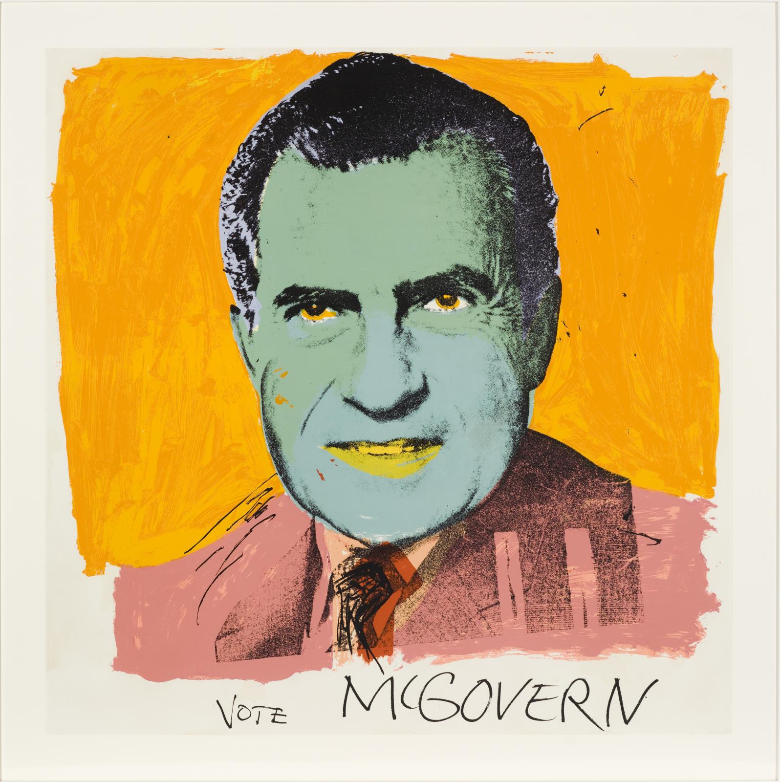 A portrait of a green-hued Richard Nixon with "VOTE MCGOVERN" hand-written at the bottom.