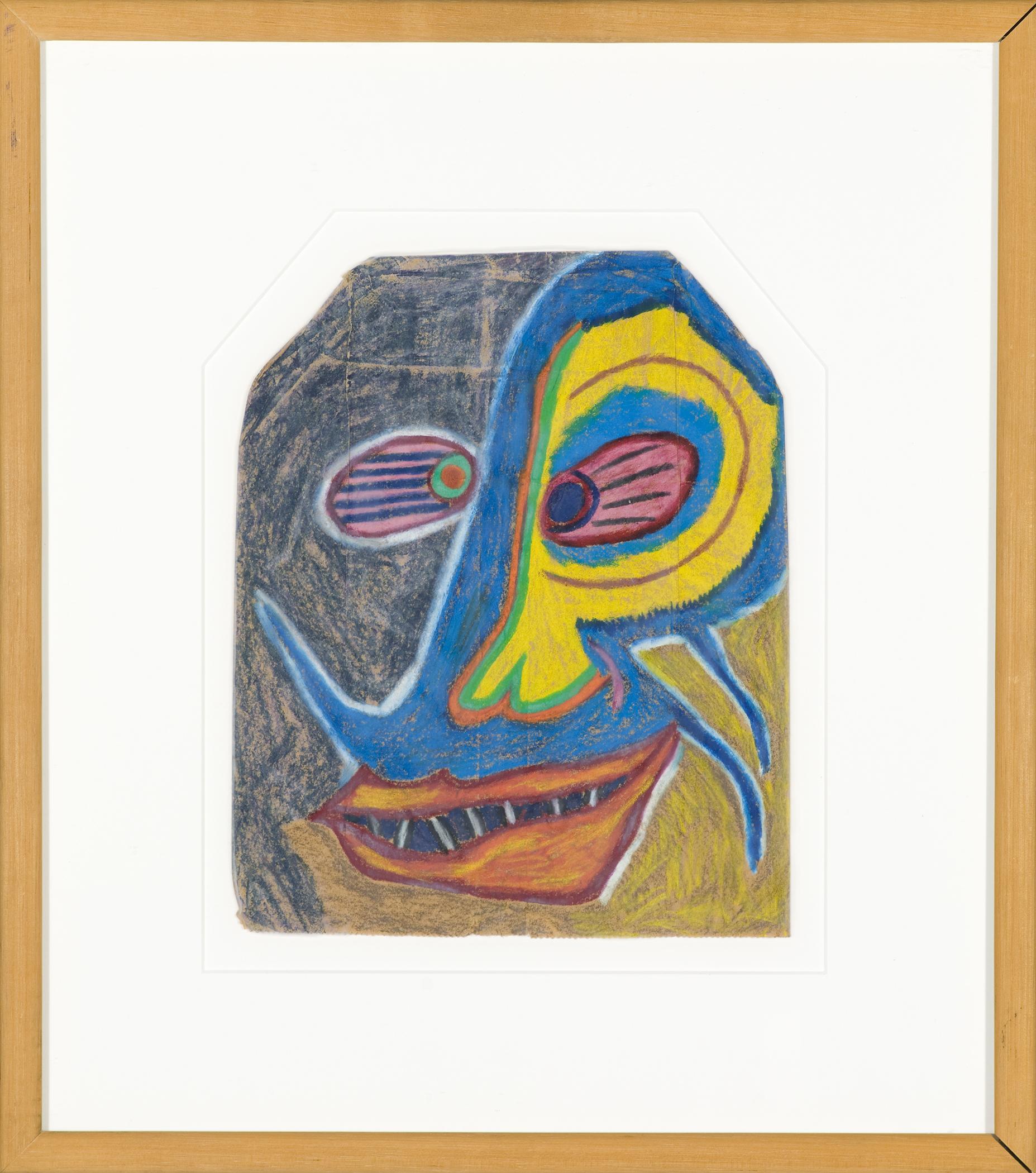 A framed crayon drawing of an abstract human face with striped eyes, lopsided mouth, and pointy teeth