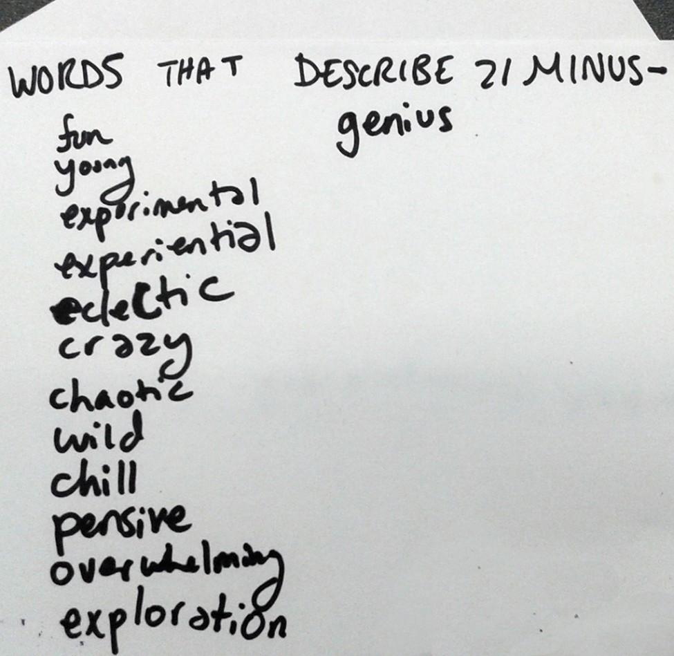 A handwritten list of adjectives in thick black marker on white paper under the header "WORDS THAT DESCRIBE 21 MINUS"