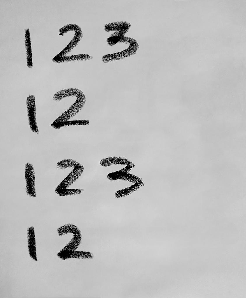 Thick black line drawing of four rows of two or three numerals each