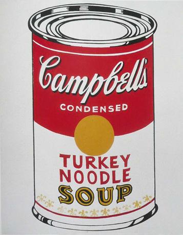 A print of a can of Campbell's condensed turkey noodle soup on a white background.