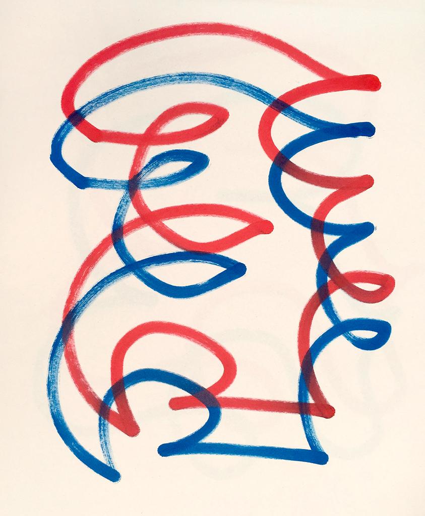 Blue and red curlicue lines painted offset in nearly identical forms