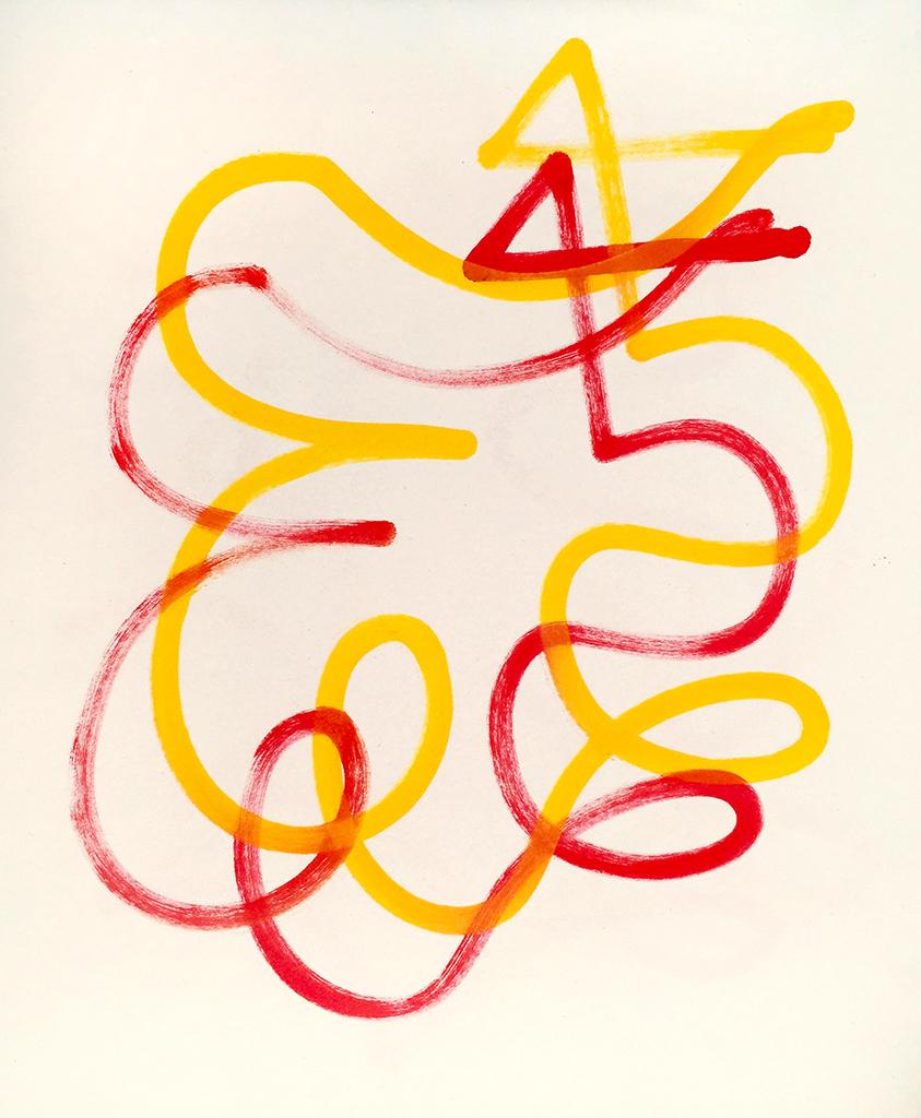 Red and yellow curlicue lines painted offset in nearly identical forms