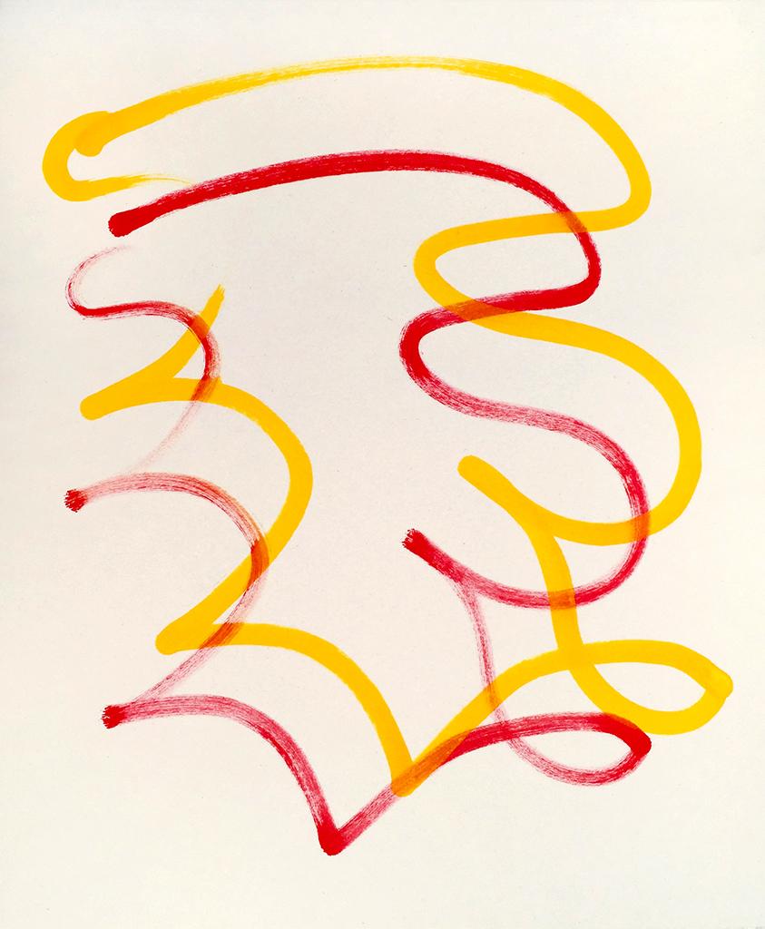 Red and yellow curlicue lines painted offset in nearly identical forms