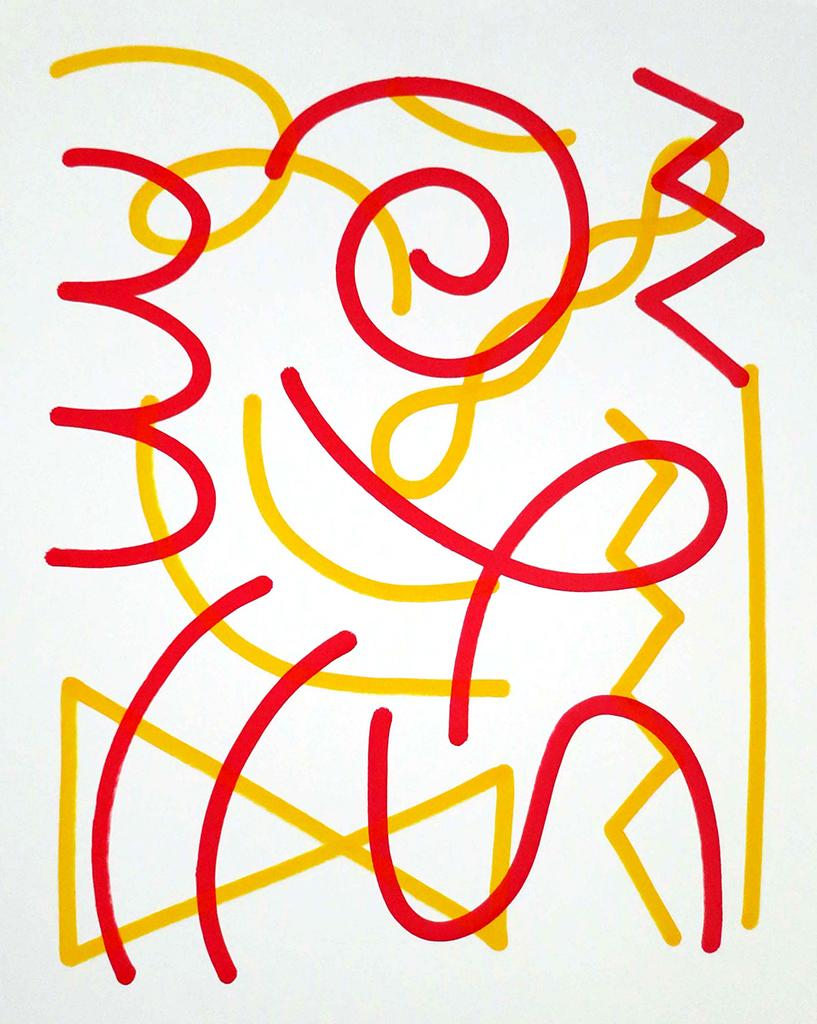 Abstract illustration composed of various red geometric lines that overlap yellow geometric lines