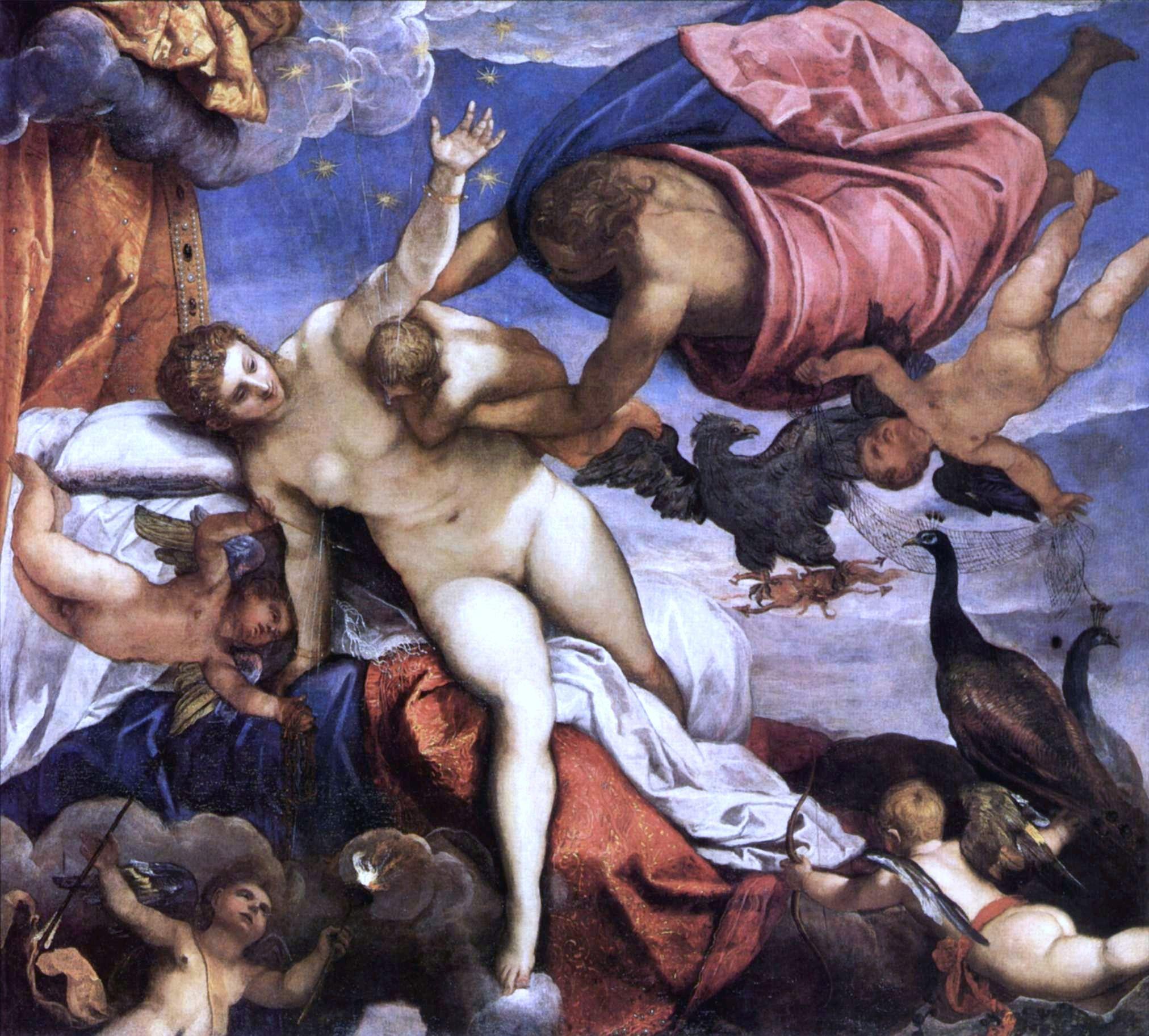 A square painting of a nude woman in the sky, arm outstretched and supported by white sheets, blue and red blankets, and four putti as a flying robed man holds a baby to her breast.