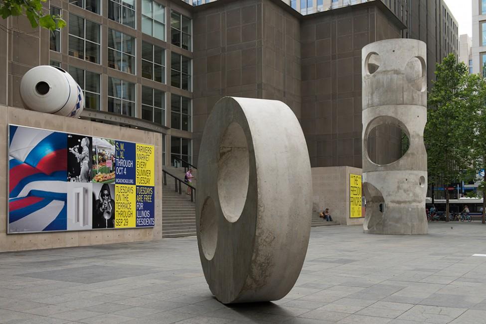 Large circular and cylindrical concrete sculptures on the MCA's plaza
