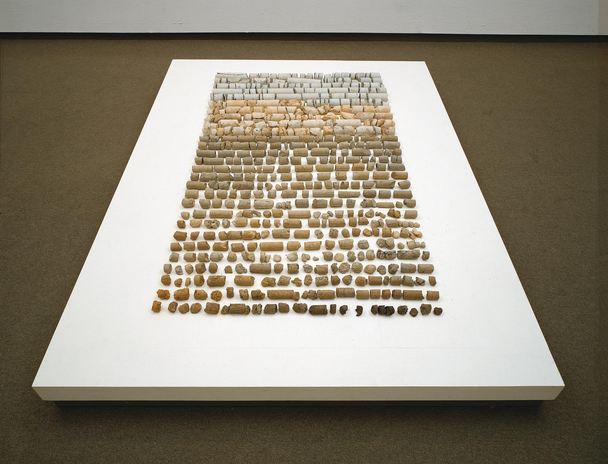 A sculpture composed of rock fragments arranged in rows and organized by color on a white platform