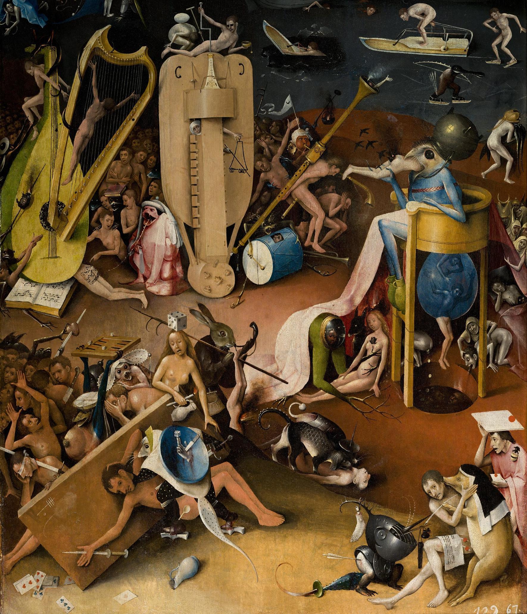 Painting of a bizarre landscape filled with enormous instruments and scenes of human-sized animals and nude people engaging in sexual and violent acts.