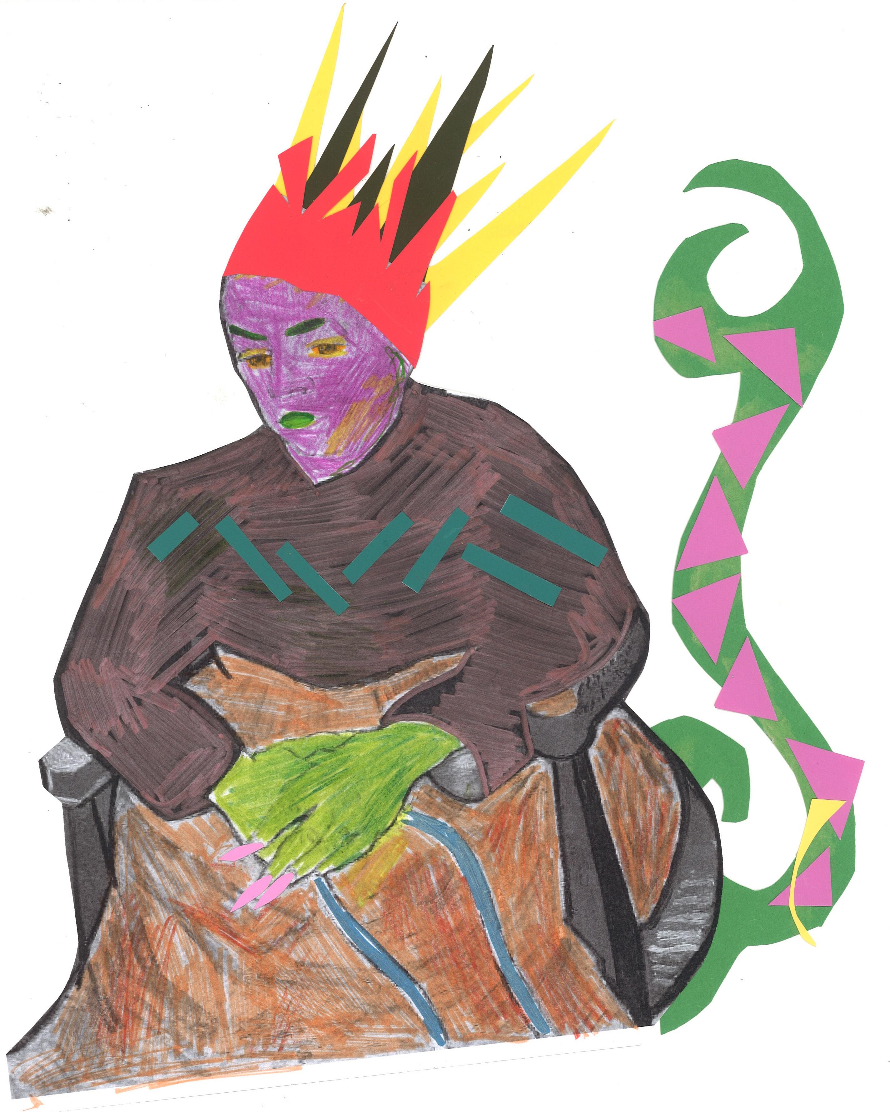 Collage-drawing of a seated person with a purple face, a green tail with pink spikes, and green hands with long pink nails, and wearing a brown shirt, orange-brown blanket, and a spiky, three-tiered crown