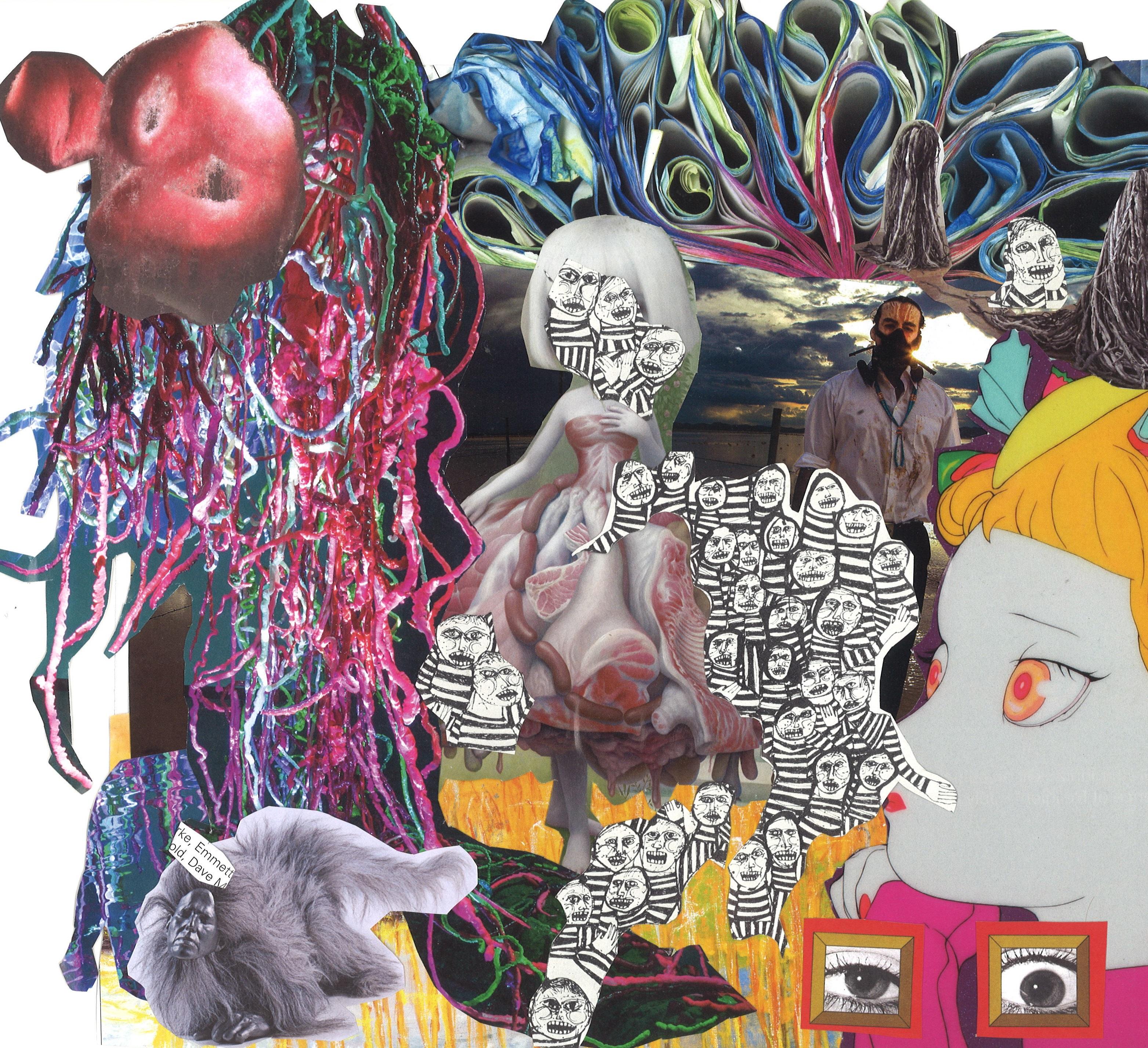 This colorful collage of cutout photographs and drawings includes images of a pom-pom, folded paper, black-and-white drawings, and a man wearing a half-face respirator in front of a cloudy sky.