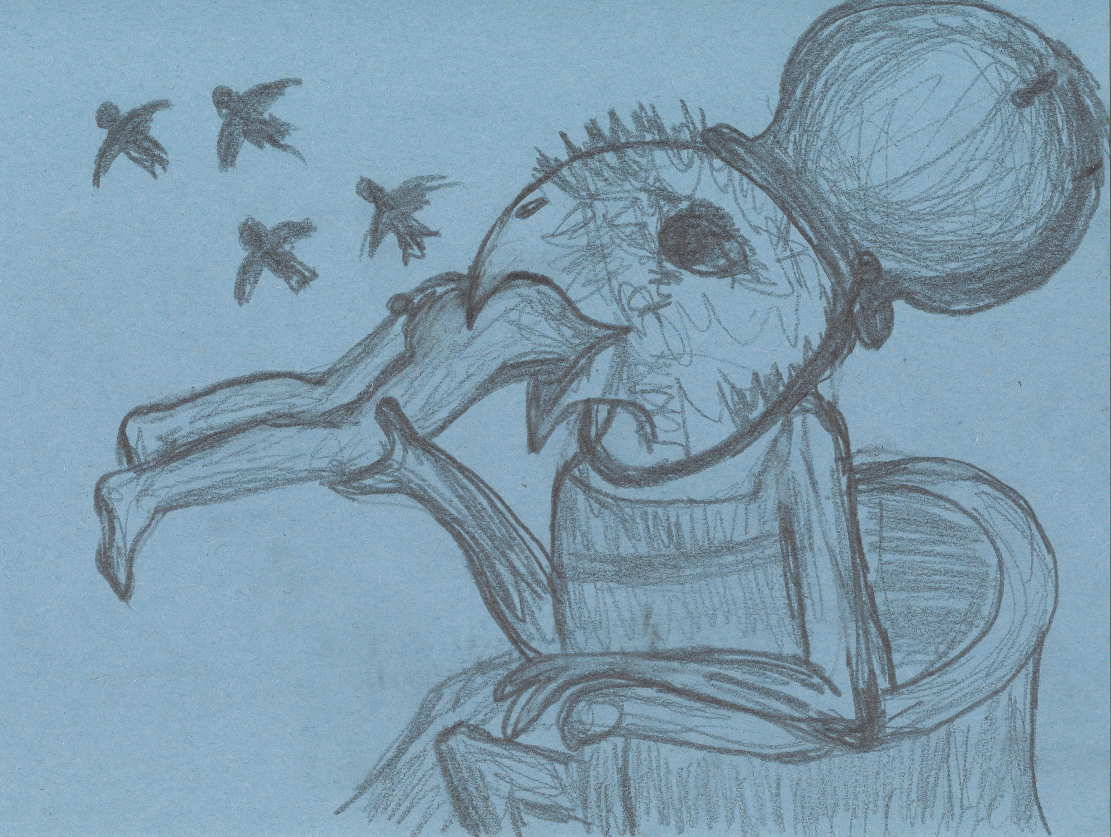 Pencil drawing on blue paper of a hybrid creature with a bird head and human body ingesting a nude human as four birds fly above them