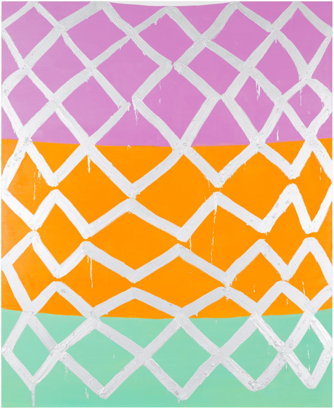 An irregular zigzagging grid of thick silver brushstrokes overlaps three broad planes of color, vertically stacked from top to bottom: light pink-purple, tangerine orange, and teal.