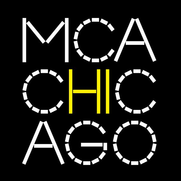 "MCA Chicago" is spelled out in white letters on a black background in three lines, with the letter H and I highlighted in yellow at the center, as if the logo is saying "hi."