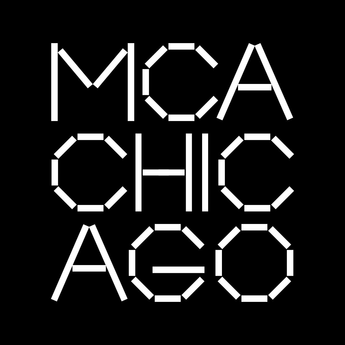 The new MCA Chicago logo is featured here, with white font on a black backdrop. The new font is angular, with a sequence of straight bars used to create what would otherwise be rounded edges.