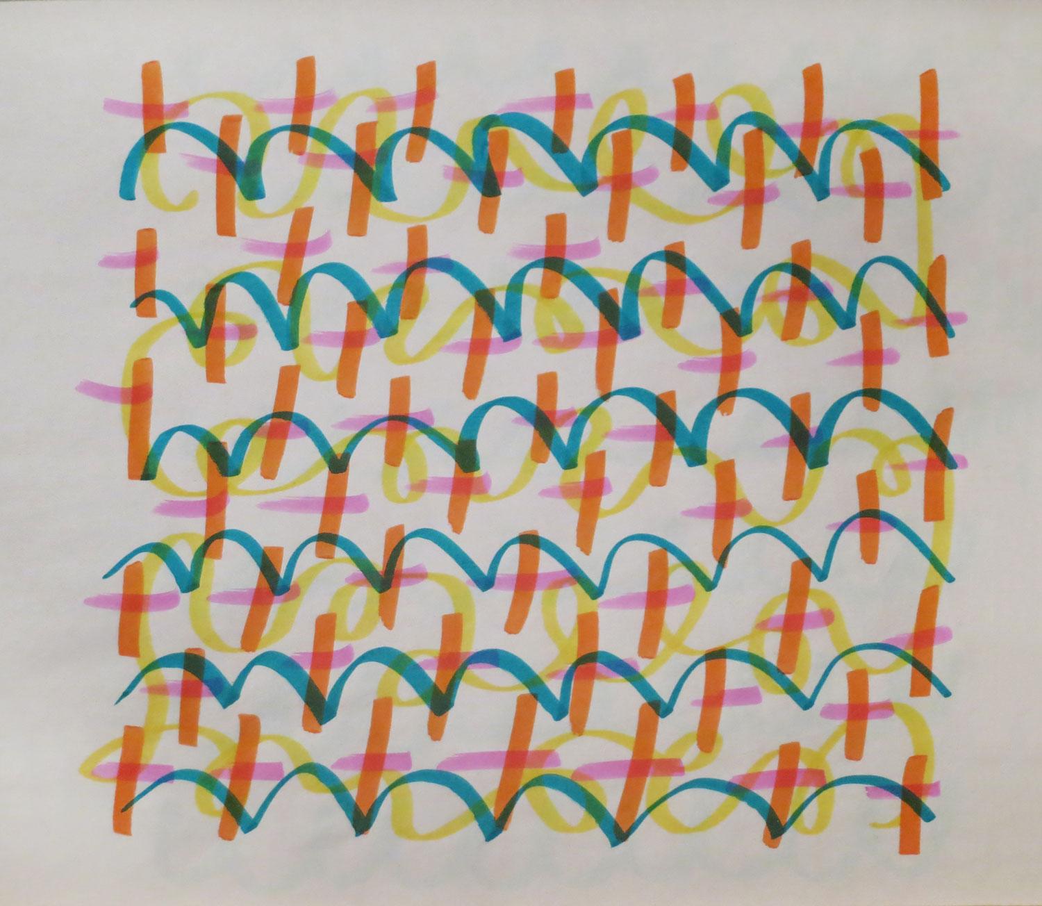 In this marker drawing, a repeated pattern of 6 rows consists of plus marks in orange and pink, blue lines shaped like repeating lowercase *m*s, and a yellow line of irregular loops and arcs that snakes through all six rows.