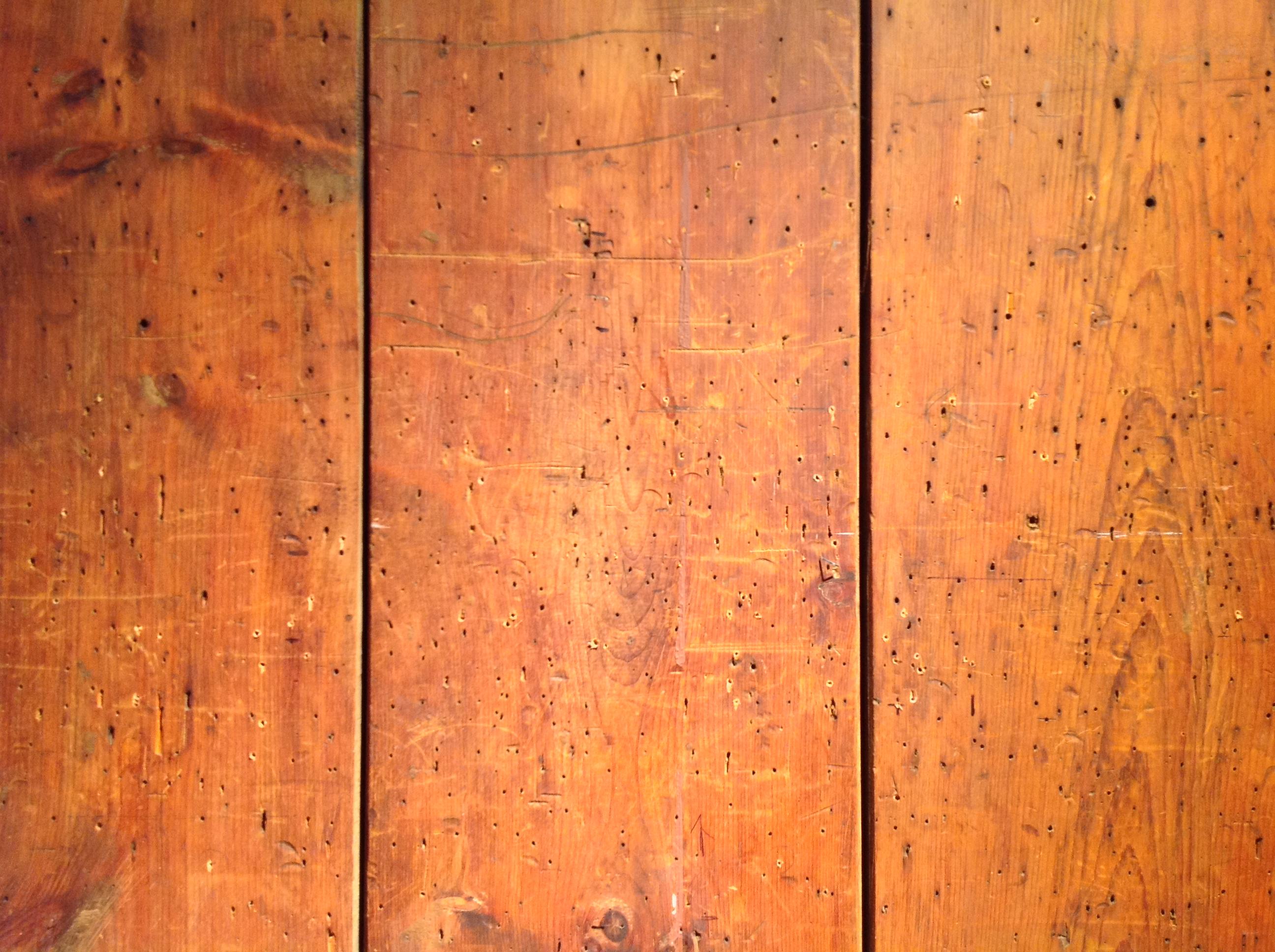 Three wooden boards line next to one another and split the image into thirds. The boards are flecked with hundreds of tiny holes and appear worn. They are a vibrant mixture of brown and orange.