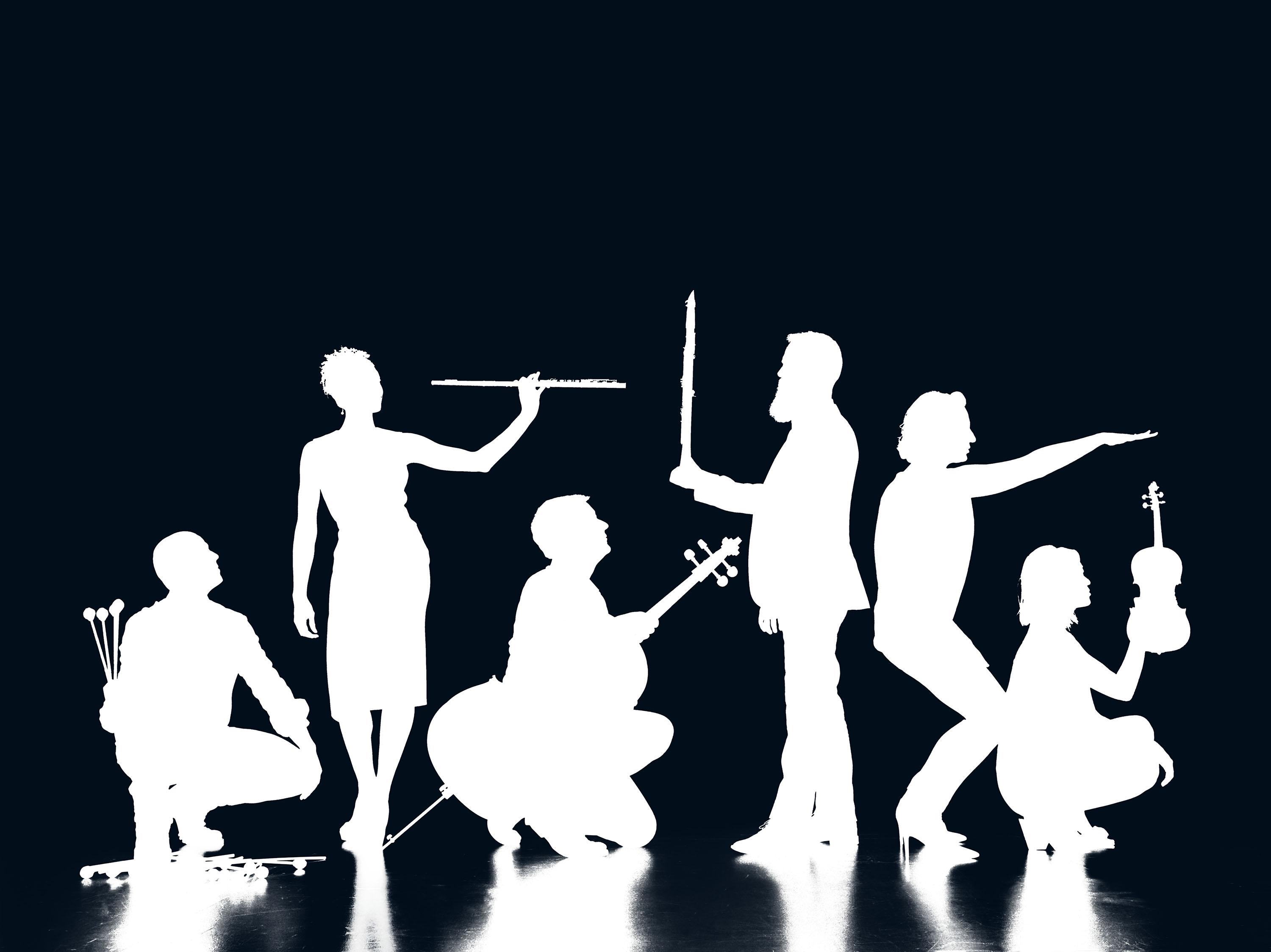 White silhouettes of six people holding instruments against a black background