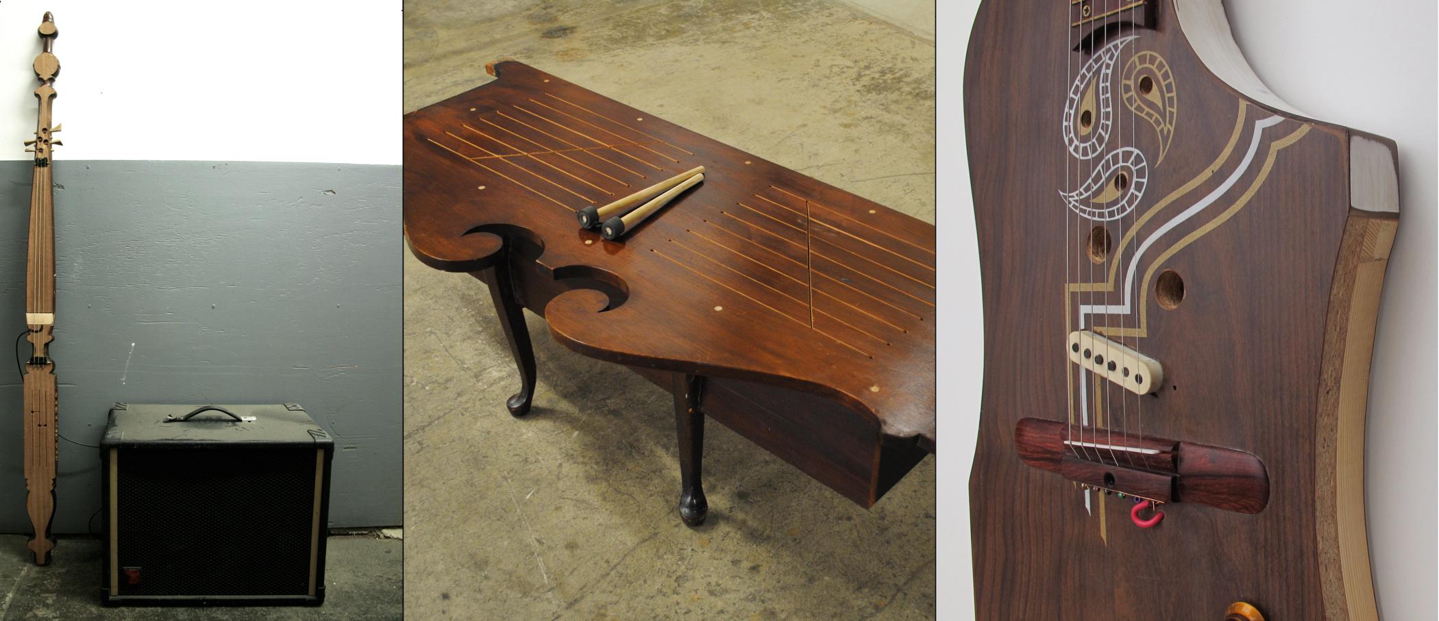 A triptych of photographs shows three musical instruments that have been changed into sculptural objects or furniture.