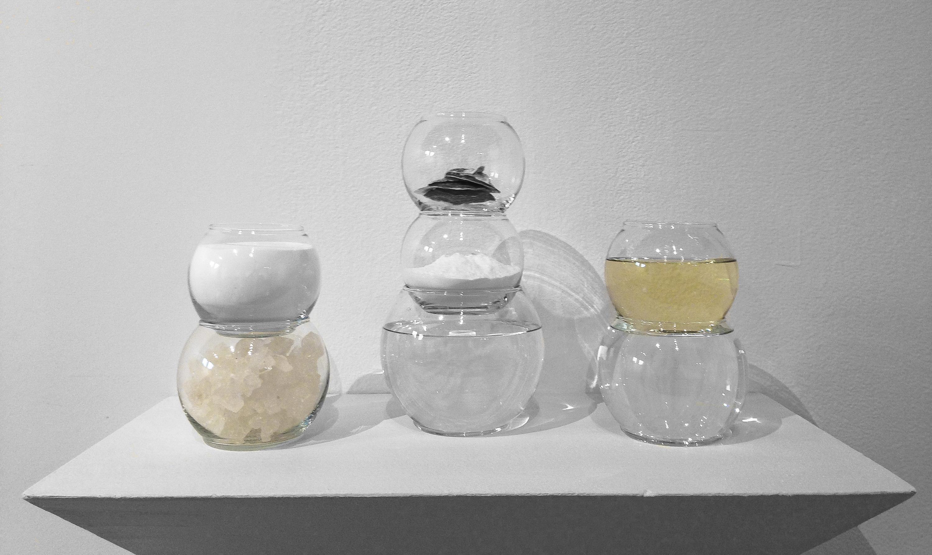 Seven fish bowls are filled with different substances and sit on top of a shelf.