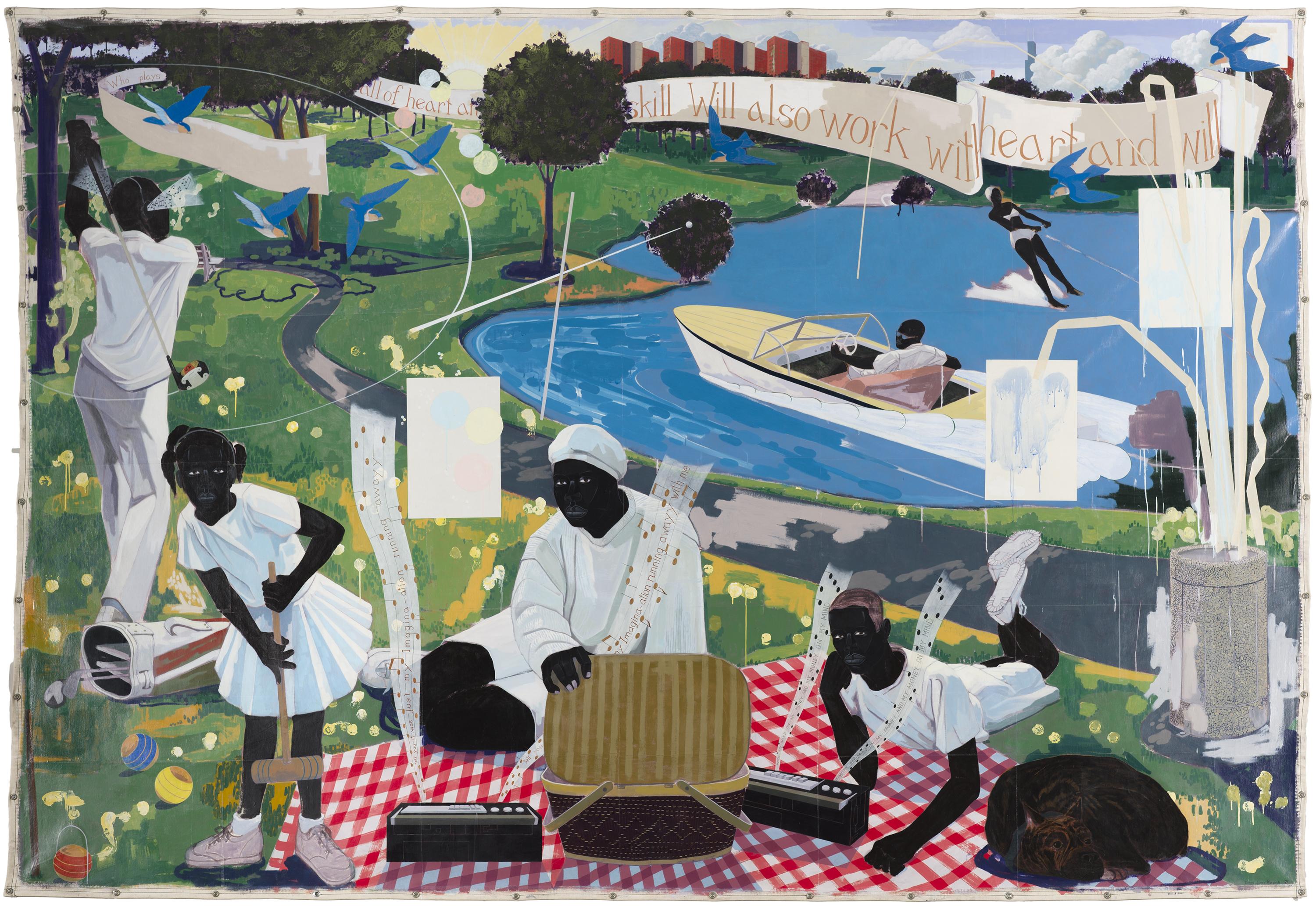 Image of a painting on stretched canvas hung by grommets that depicts a black family having a picnic in a park with others boat skiing and golfing in the background with the city seen in the distance.