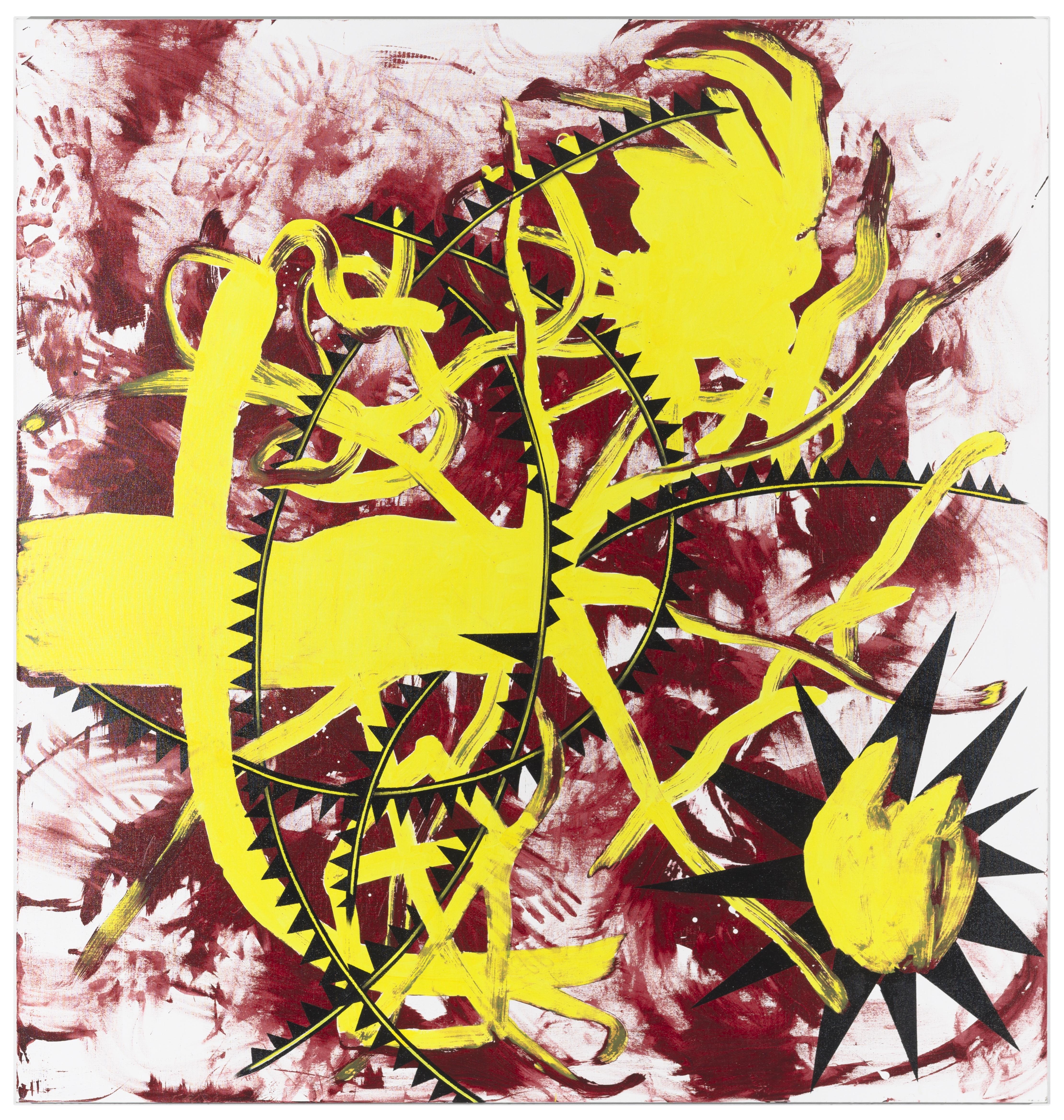 Bright yellow organic shapes with black triangles of varying sizes appear in the foreground of this painting, while red streaks and smeared handprints appear in the background.