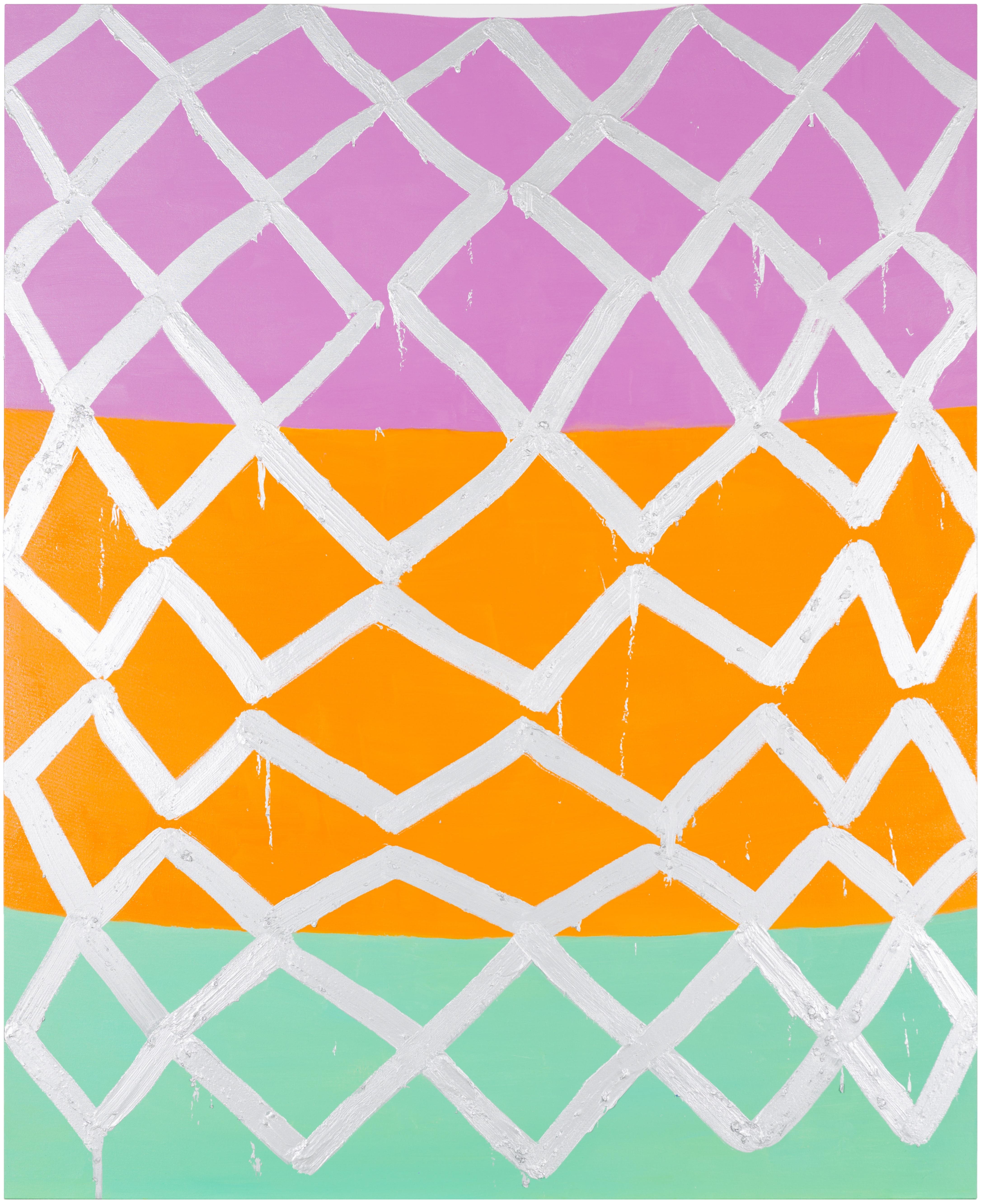 A triangular grid of irregular white lines is painted over three vertically stacked fields of flat color. From top to bottom, the color fields are lilac, orange, and sea-foam green.