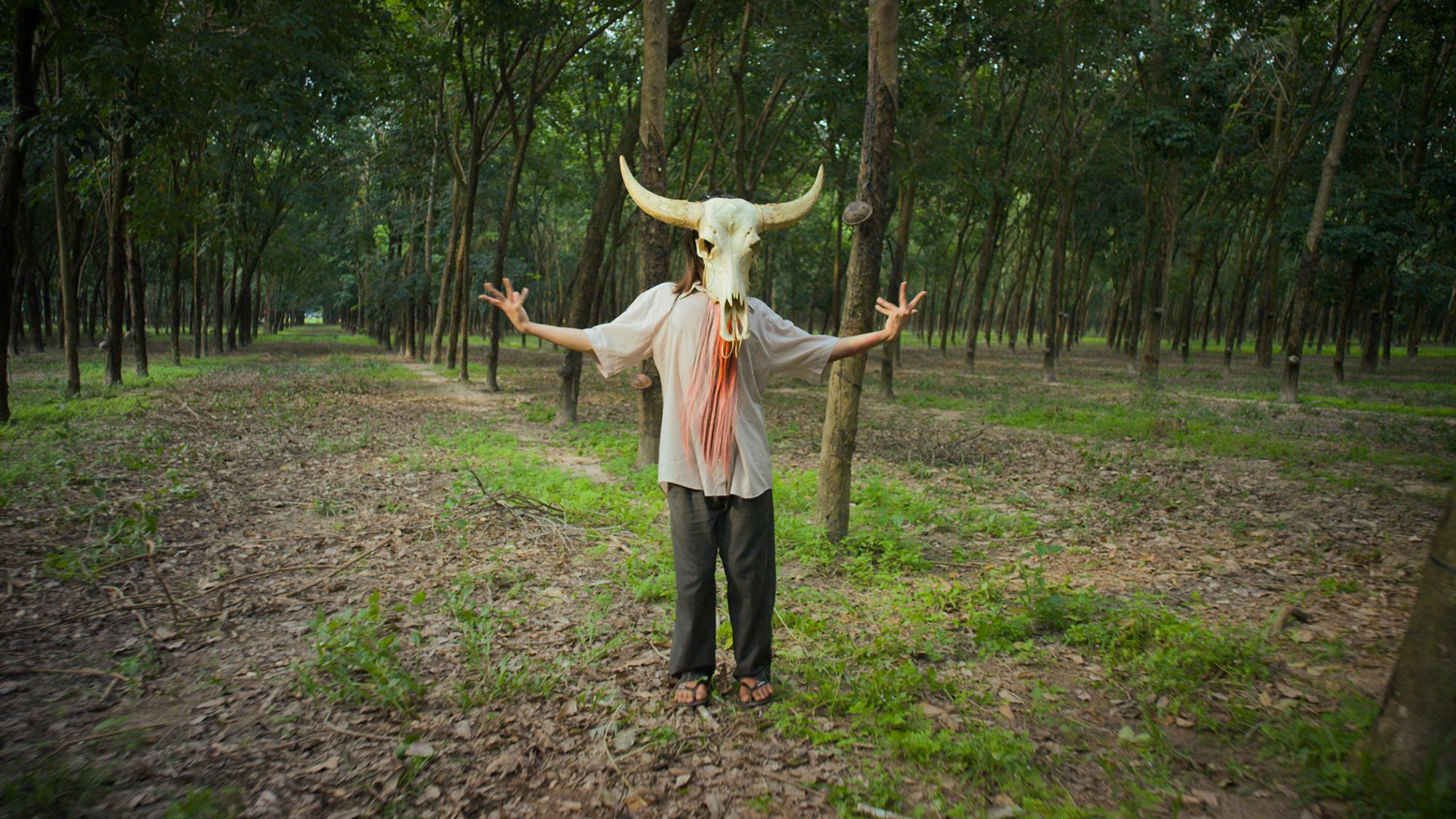 A person with a cow skull for a head stands in a forest, wearing a white shirt streaked with red and with arms outstretched.