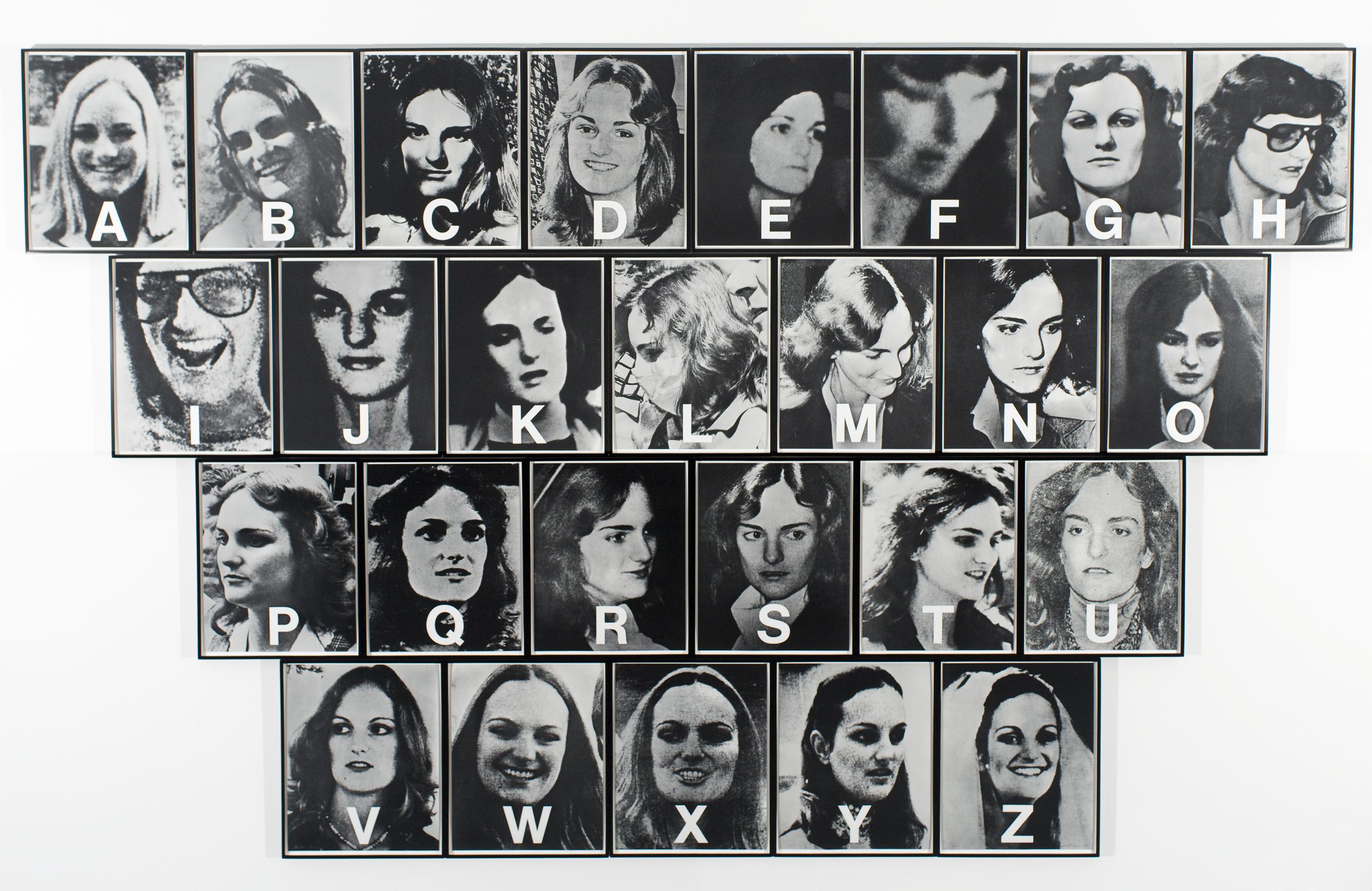 Twenty six black-and-white photographs of Patricia Hearst in four rows, with a letter of the alphabet—from A to Z—in white superimposed over each one.