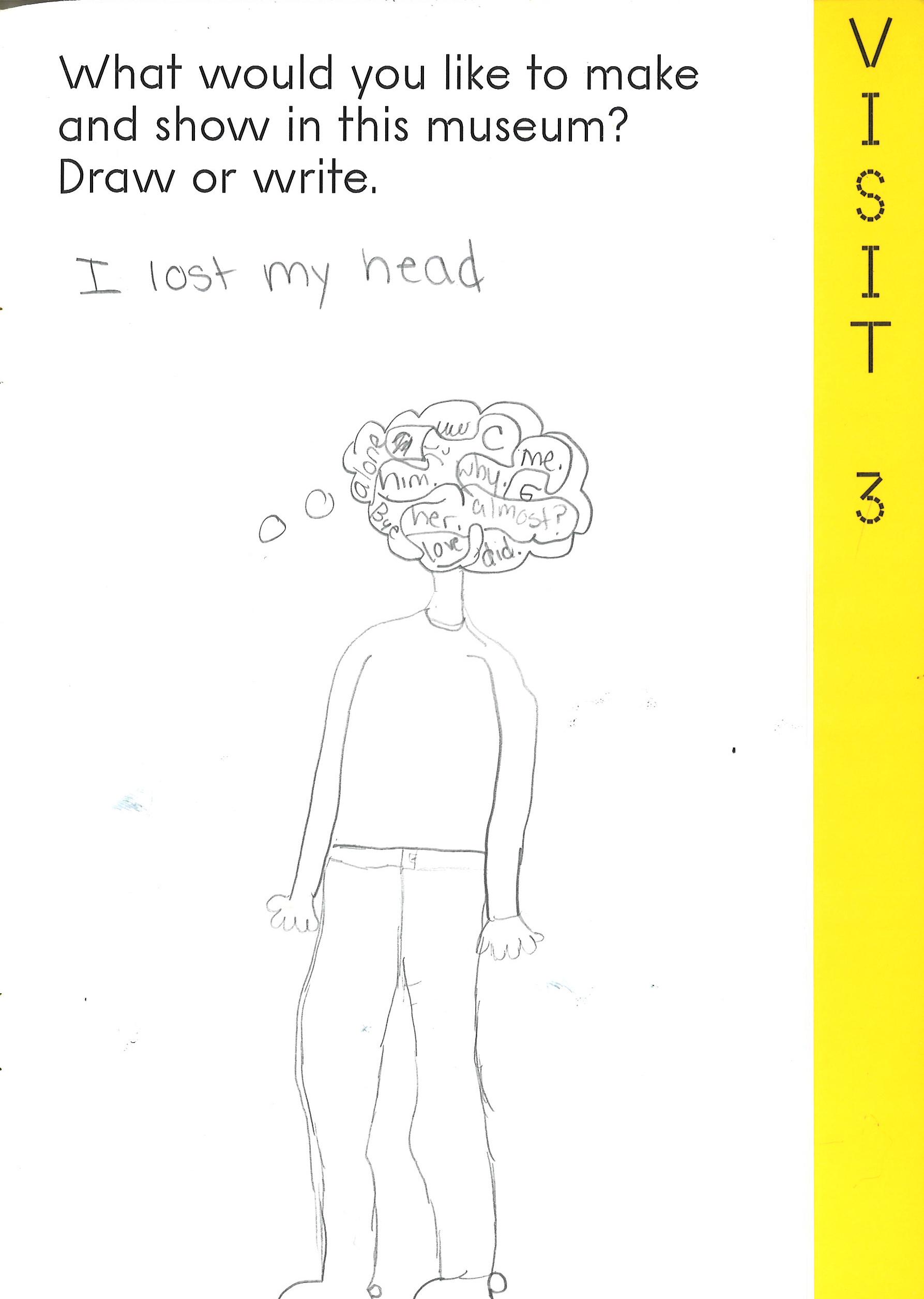 Scanned page from a children's activity book shows a pencil drawing of a person with words in his/her head, in response to the prompt: "What would you like to make and show in this museum Draw or write."