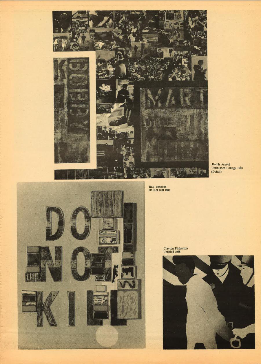 Scan of aged and yellowed news print with printed artworks, top center Ralph Arnold's *Unfinished Collage*, 1968 (detail), bottom left Ray Johnson's *Do Not Kill*, 1966 and bottom right Clayton Pinkerton's *Untitled,* 1968.