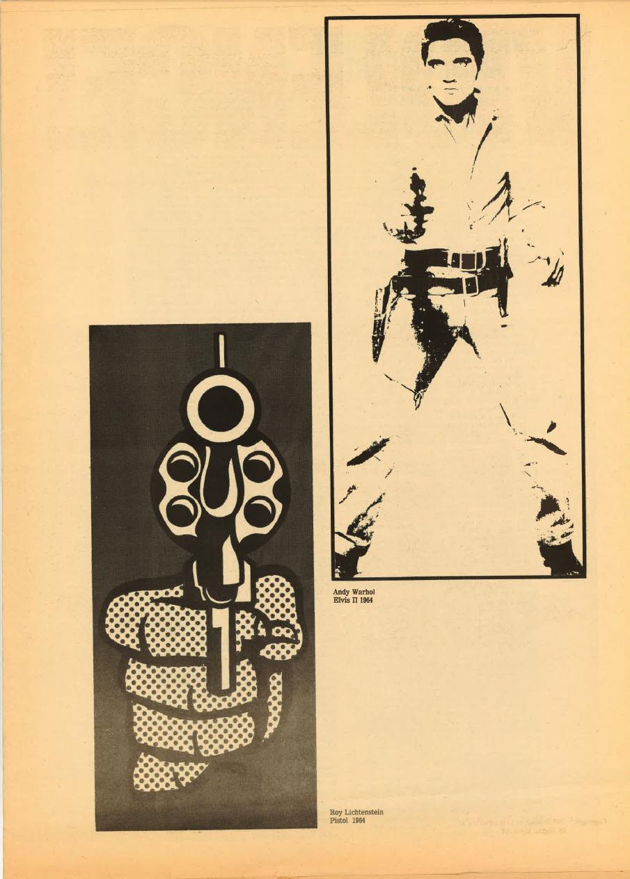 Aged and yellowed newsprint with reproductions of two artworks: Roy Lichtenstein's *Pistol*, 1964, on the lower left; and Andy Warhol's *Elvis II*, 1964, on the upper right.