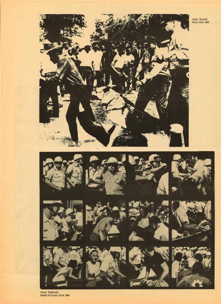 Scan of aged and yellowed news print with printed artworks, top photograph of Andy Warhol's *Race Riot,*1963 and bottom of Peter Holbrook's *Battle of Grant Park*, 1968.