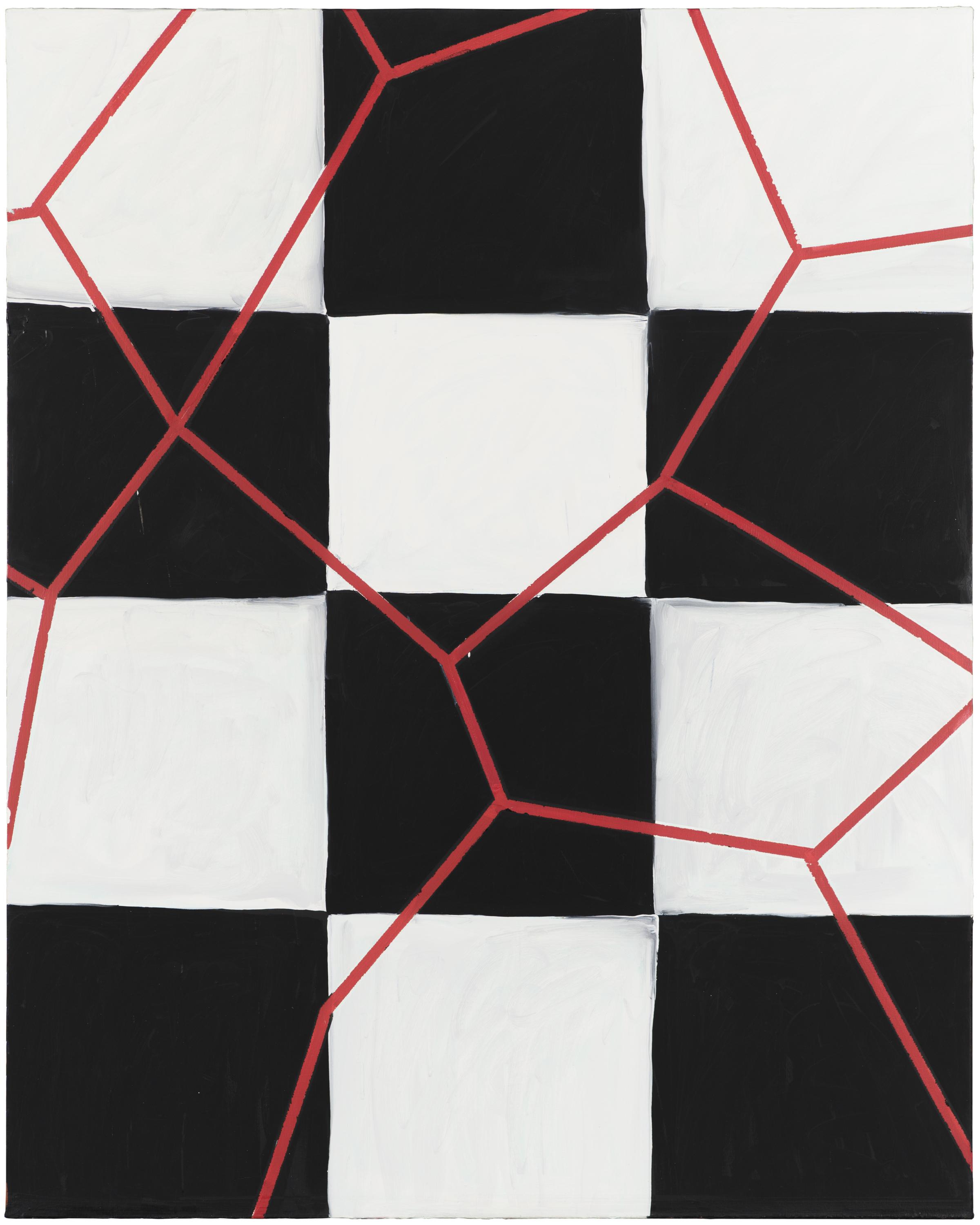 A vertical grid of black and white squares has an irregular web of thin, straight red lines painted over it.