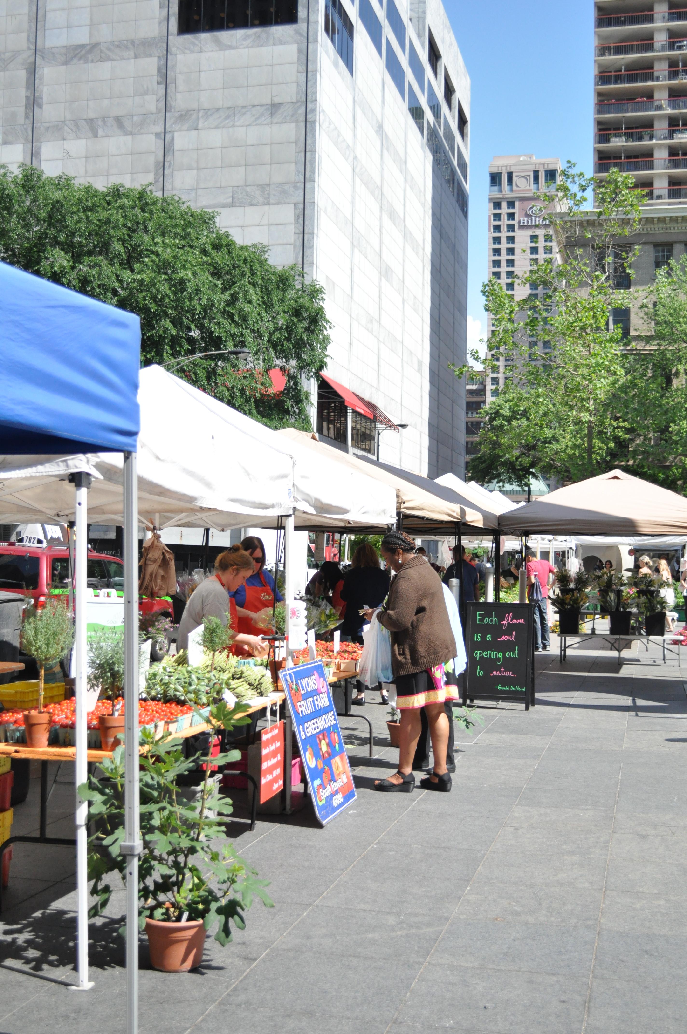 People wander through pop-up tents and tables full of plants and produce on the MCA's plaza.