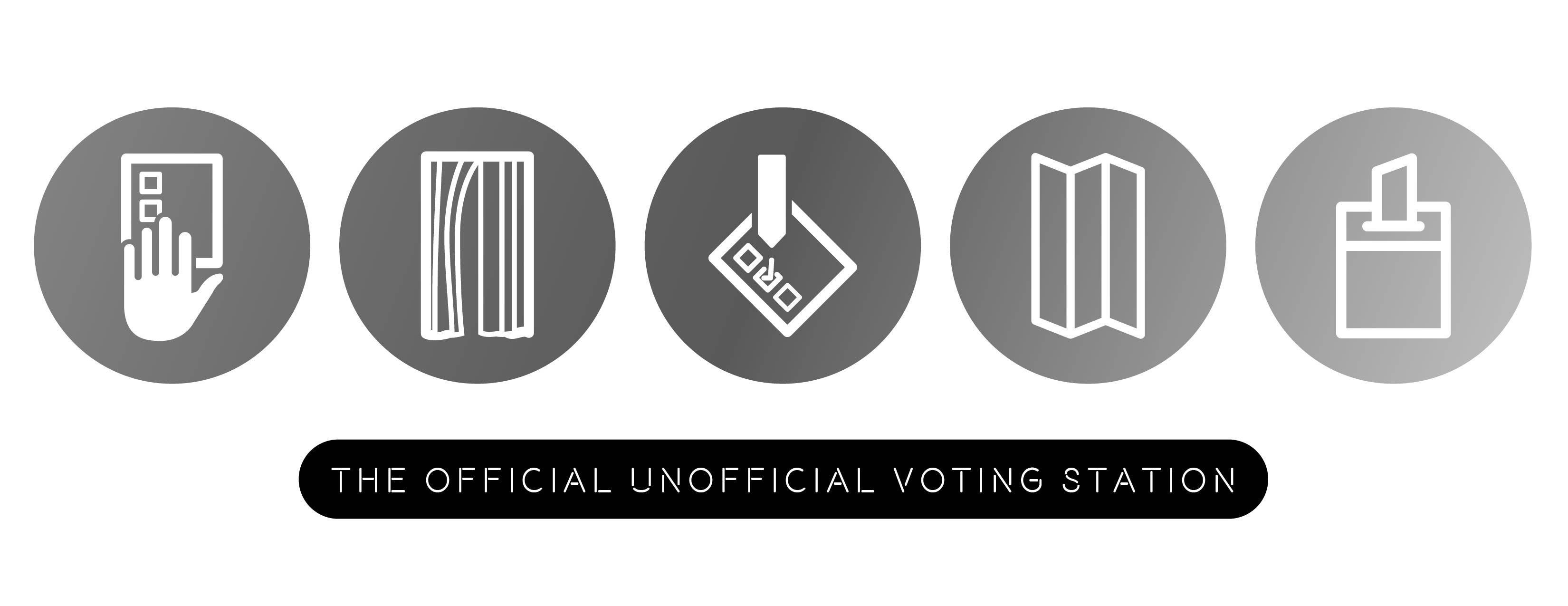 Five grey-and-white icons depict the process of voting.