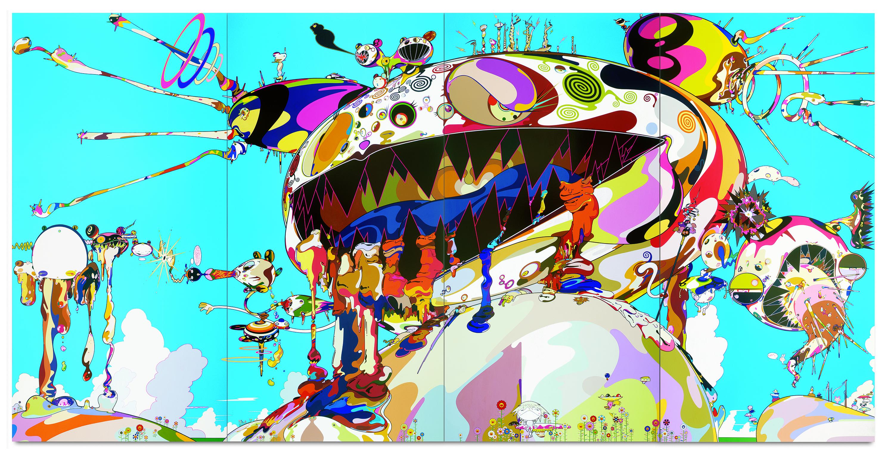 A brightly colored landscape with a giant multi-colored humunculous sitting on top of a hill, its open mouth revealing jagged teeth, seeping fluids while pustules explode from other parts of its ovoid head.