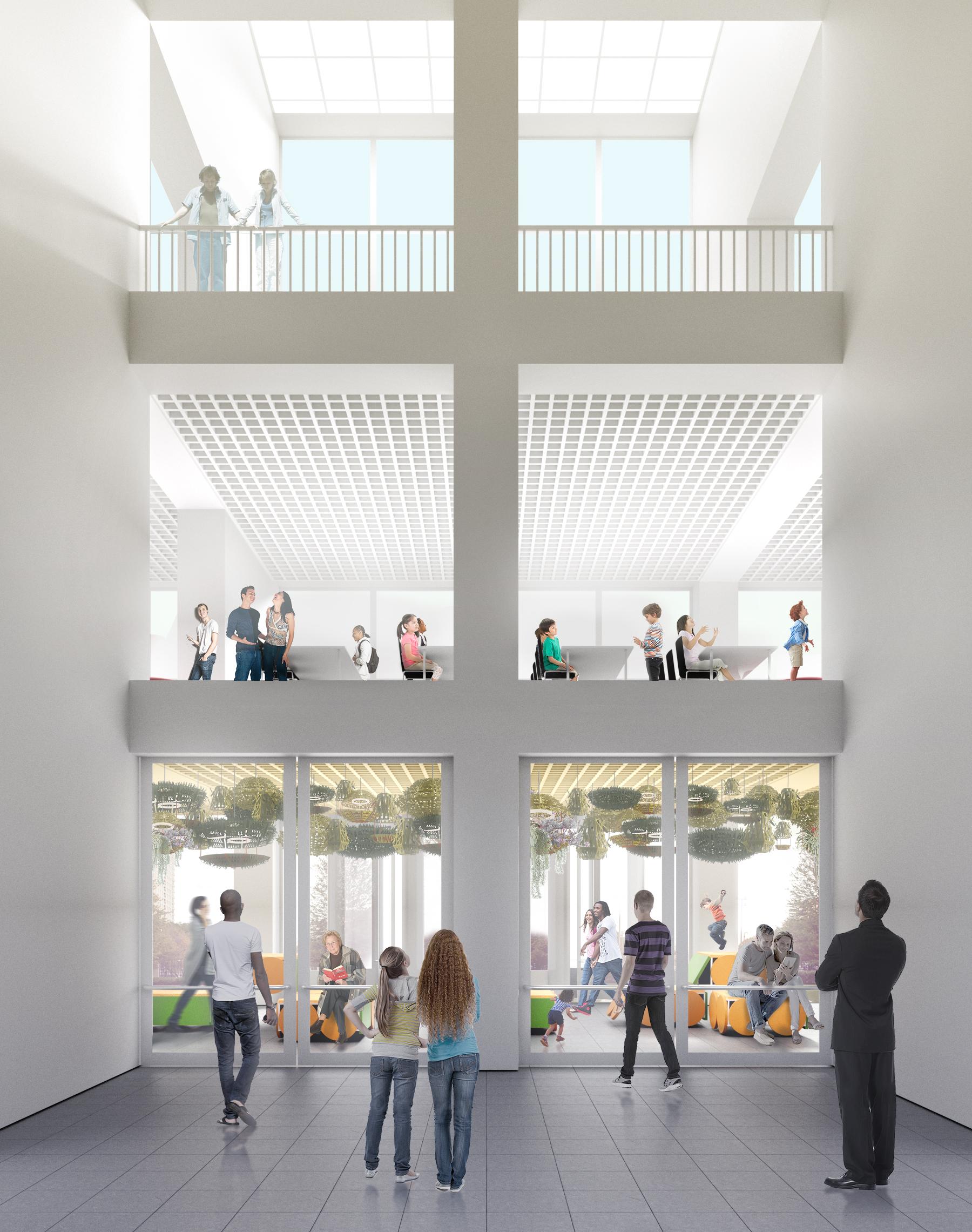 A graphic rendering of a three-story atrium with white walls and windows that shows people on each level.