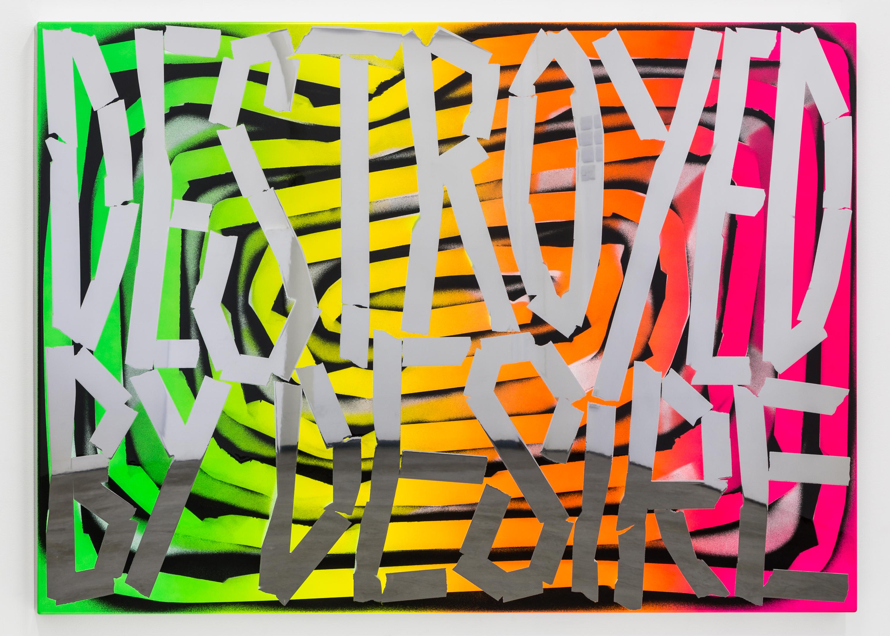 Large jagged letters that read "DESTROYED BY DESIRE" appear over a crude spiral of fluorescent green, yellow, orange, and pink.