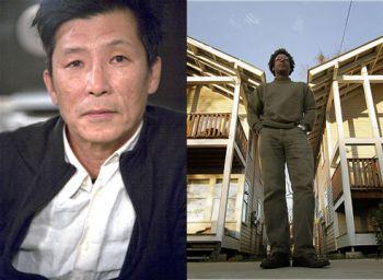 Two portraits side-by-side. On the left, an Asian man in a white collared shirt and black pullover looks directly into the camera. On the right, an African-American man stands behind and between two houses, his hands in his pockets.